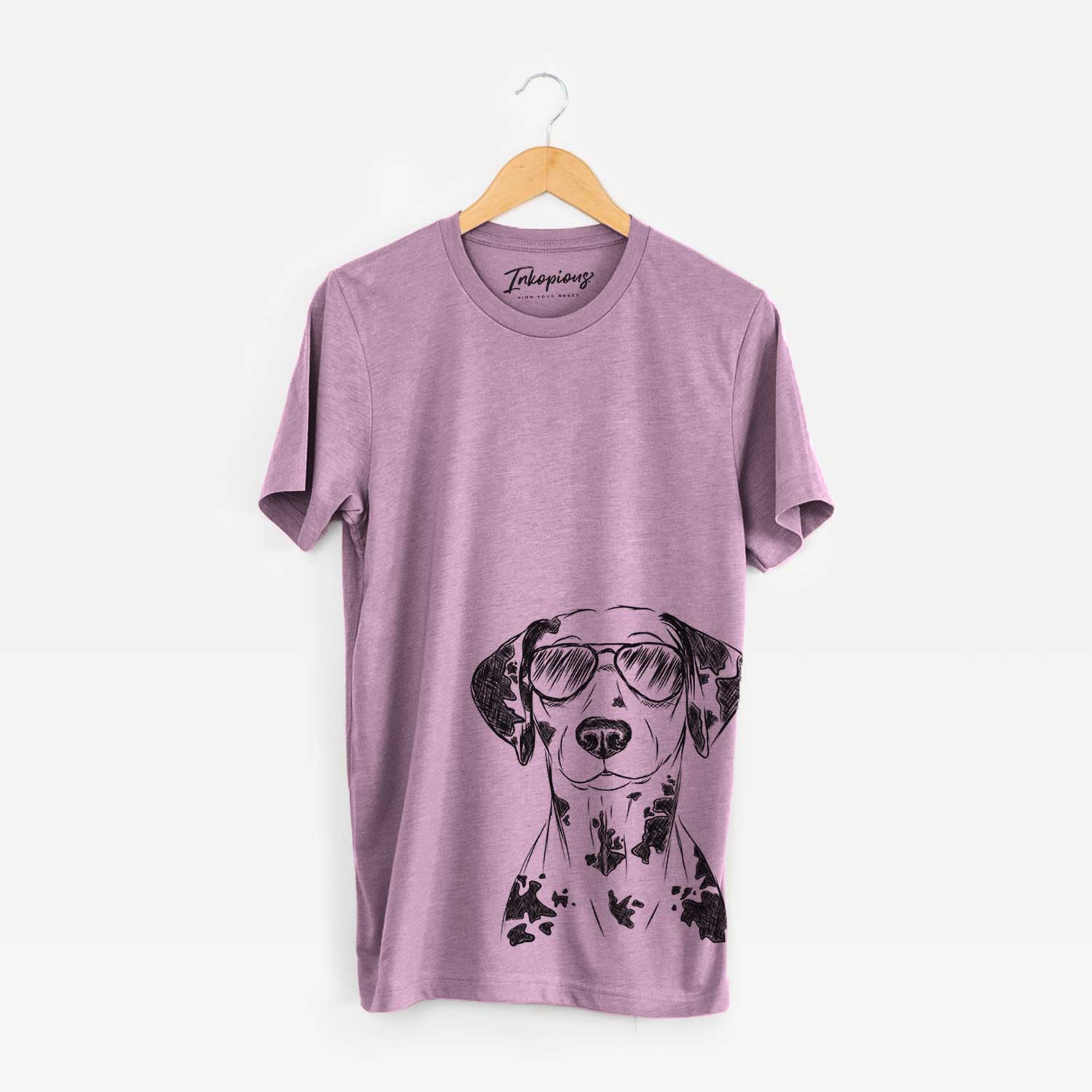 Hand-drawn sketch of Spot the Dalmatian wearing aviator sunglasses on an Orchid Bella Canvas Unisex Crewneck
