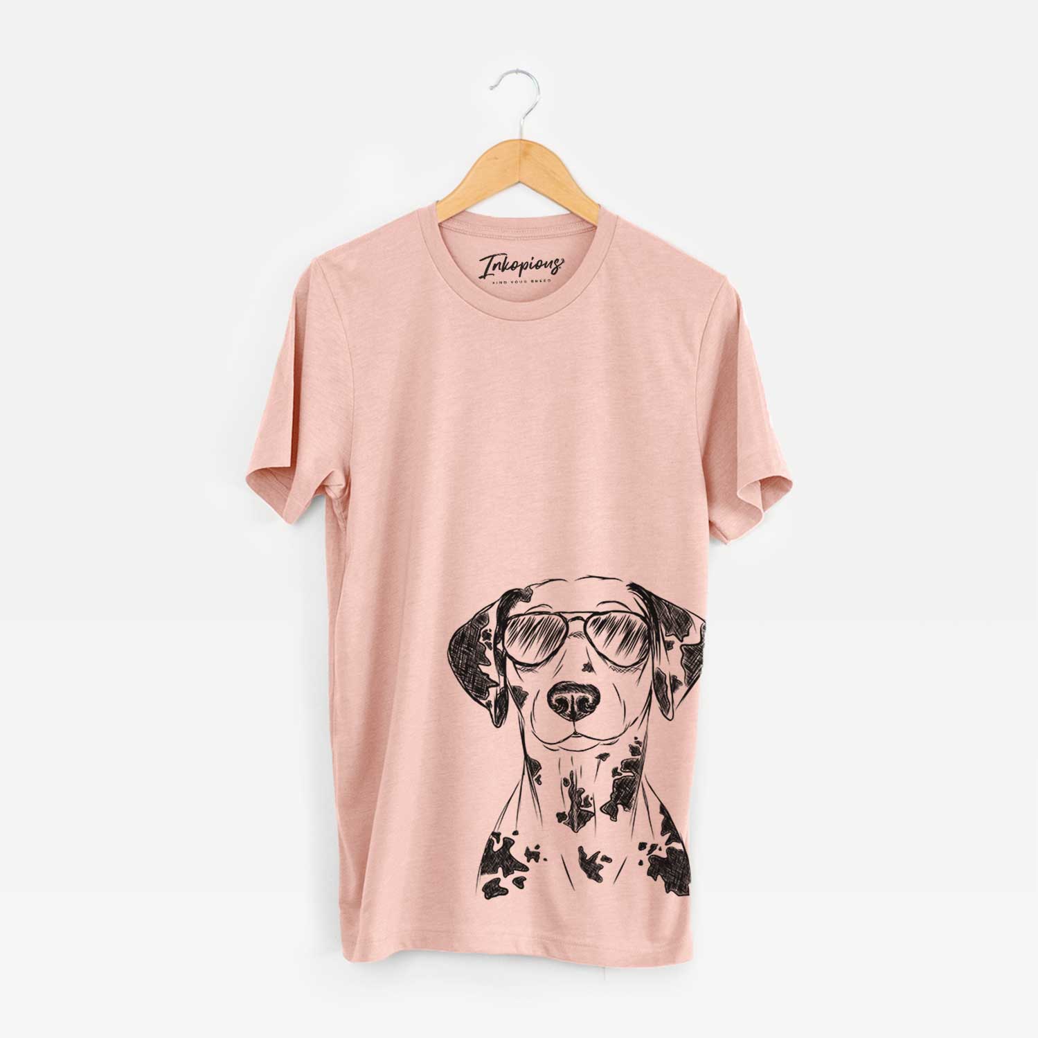 Hand-drawn sketch of Spot the Dalmatian wearing aviator sunglasses on a Peach Bella Canvas Unisex Crewneck