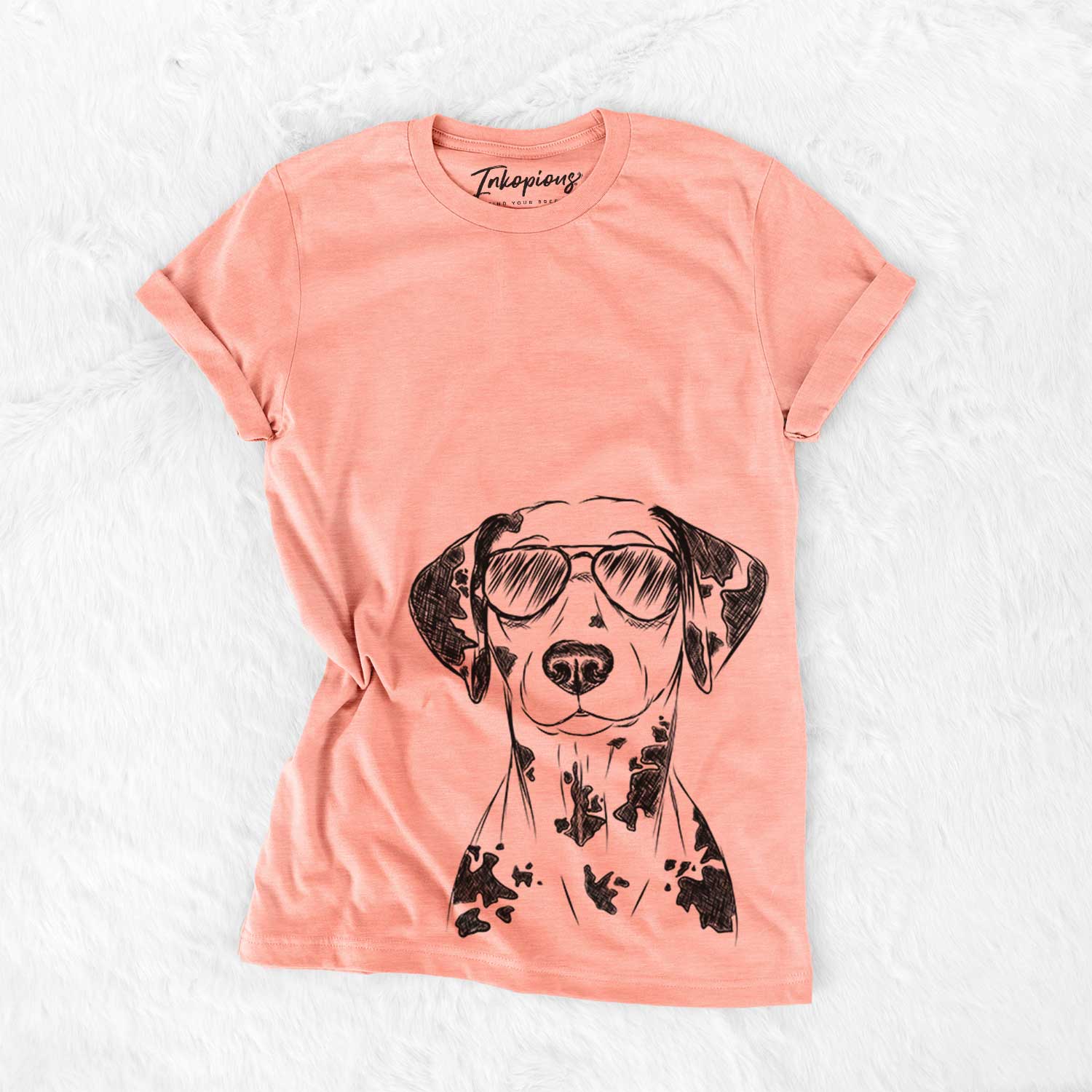 Hand-drawn sketch of Spot the Dalmatian wearing aviator sunglasses on a Sunset Bella Canvas Unisex Crewneck