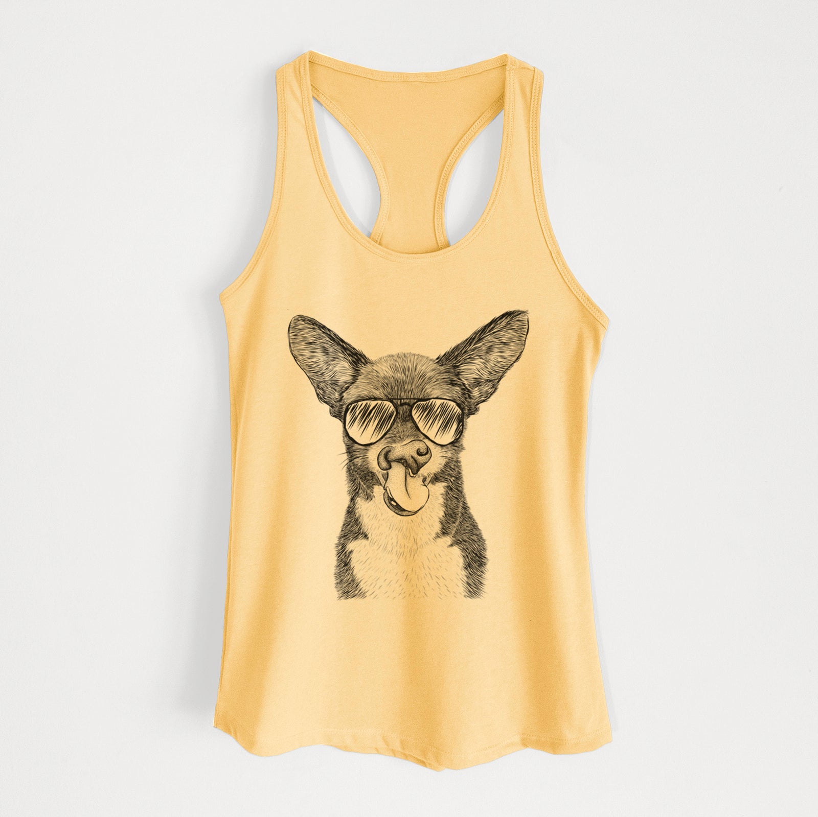 Hand-drawn sketch of Sprout the Chihuahua Mix wearing aviator sunglasses on a Banana Cream Women's racerback tanktop