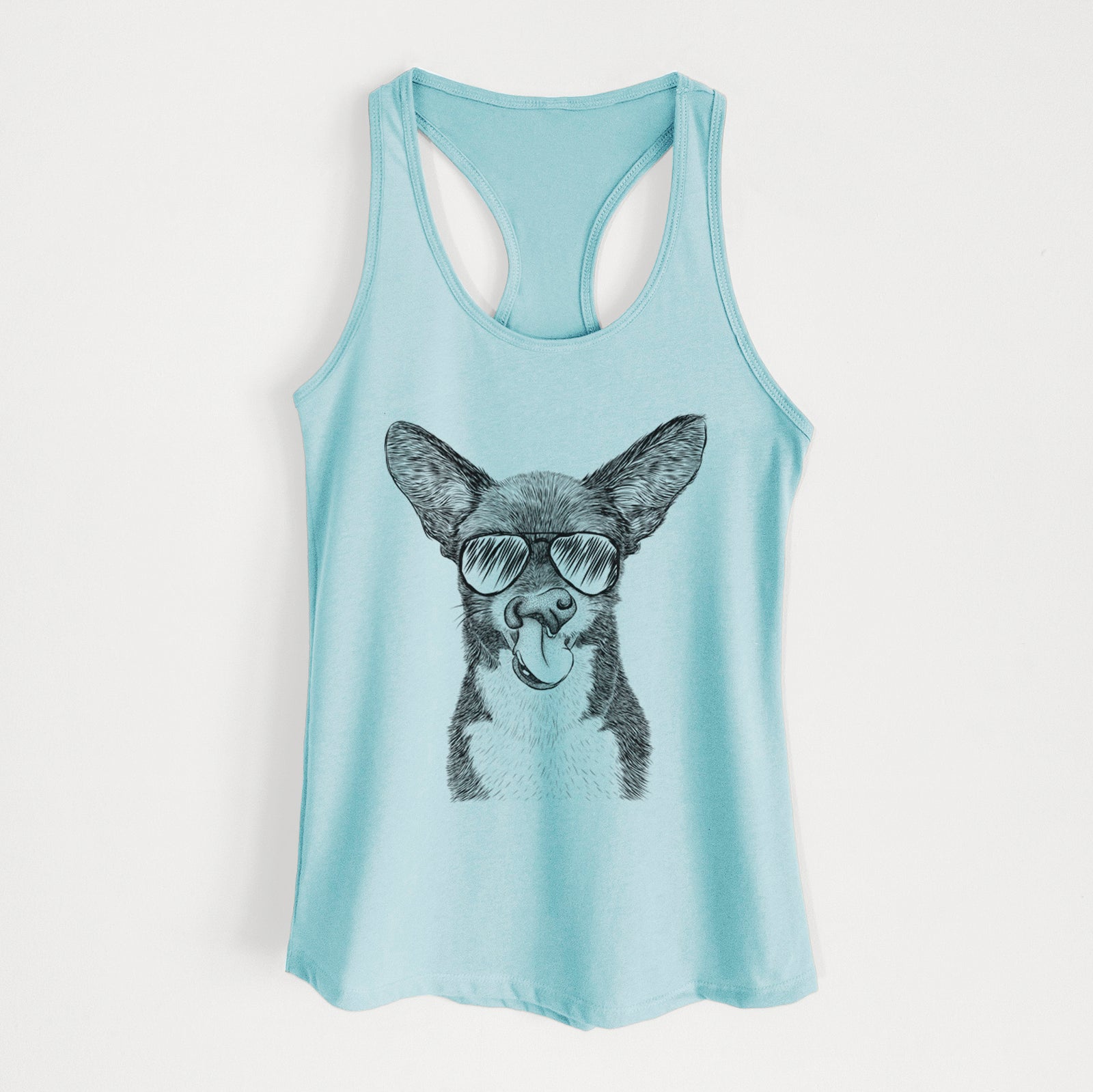 Hand-drawn sketch of Sprout the Chihuahua Mix wearing aviator sunglasses on a Cancun Blue Women's racerback tanktop