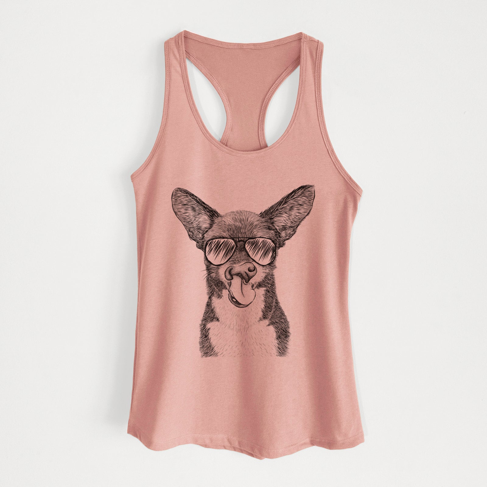 Hand-drawn sketch of Sprout the Chihuahua Mix wearing aviator sunglasses on a Desert Pink Women's racerback tanktop
