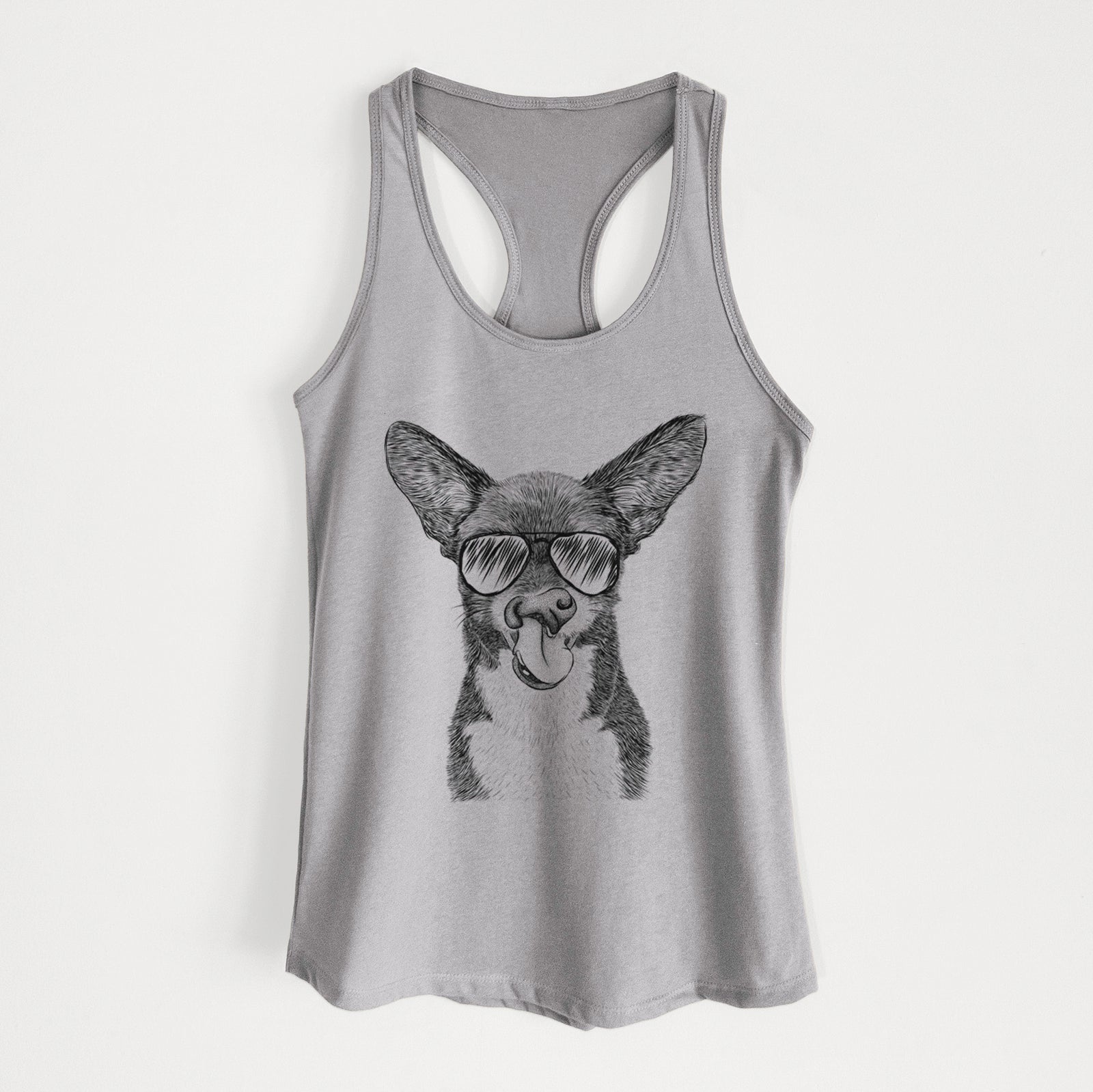 Hand-drawn sketch of Sprout the Chihuahua Mix wearing aviator sunglasses on a Heather Grey Women's racerback tanktop