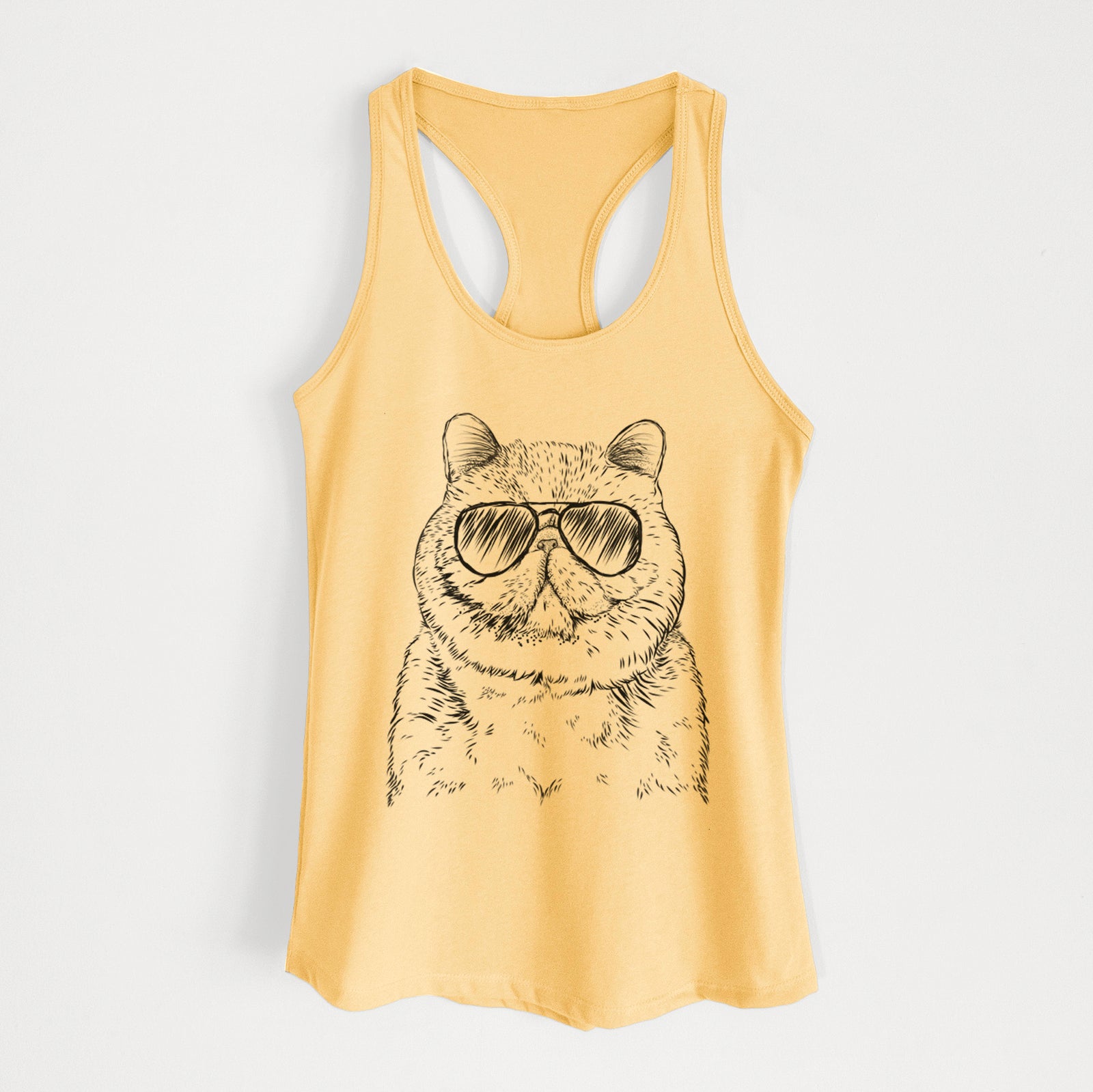 Hand-drawn sketch of Squish the Exotic Shorthair Cat wearing aviator sunglasses on a Banana Cream Women's racerback tanktop