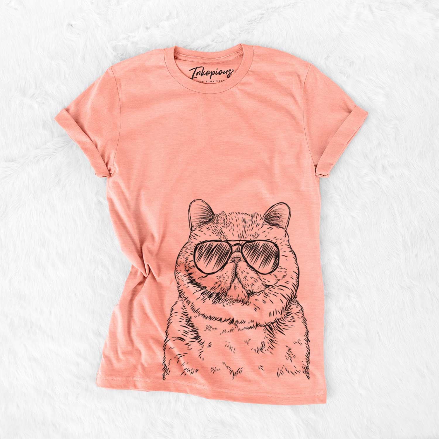 Hand-drawn sketch of Squish the Exotic Shorthair Cat wearing aviator sunglasses on a Sunset Bella Canvas Unisex Crewneck
