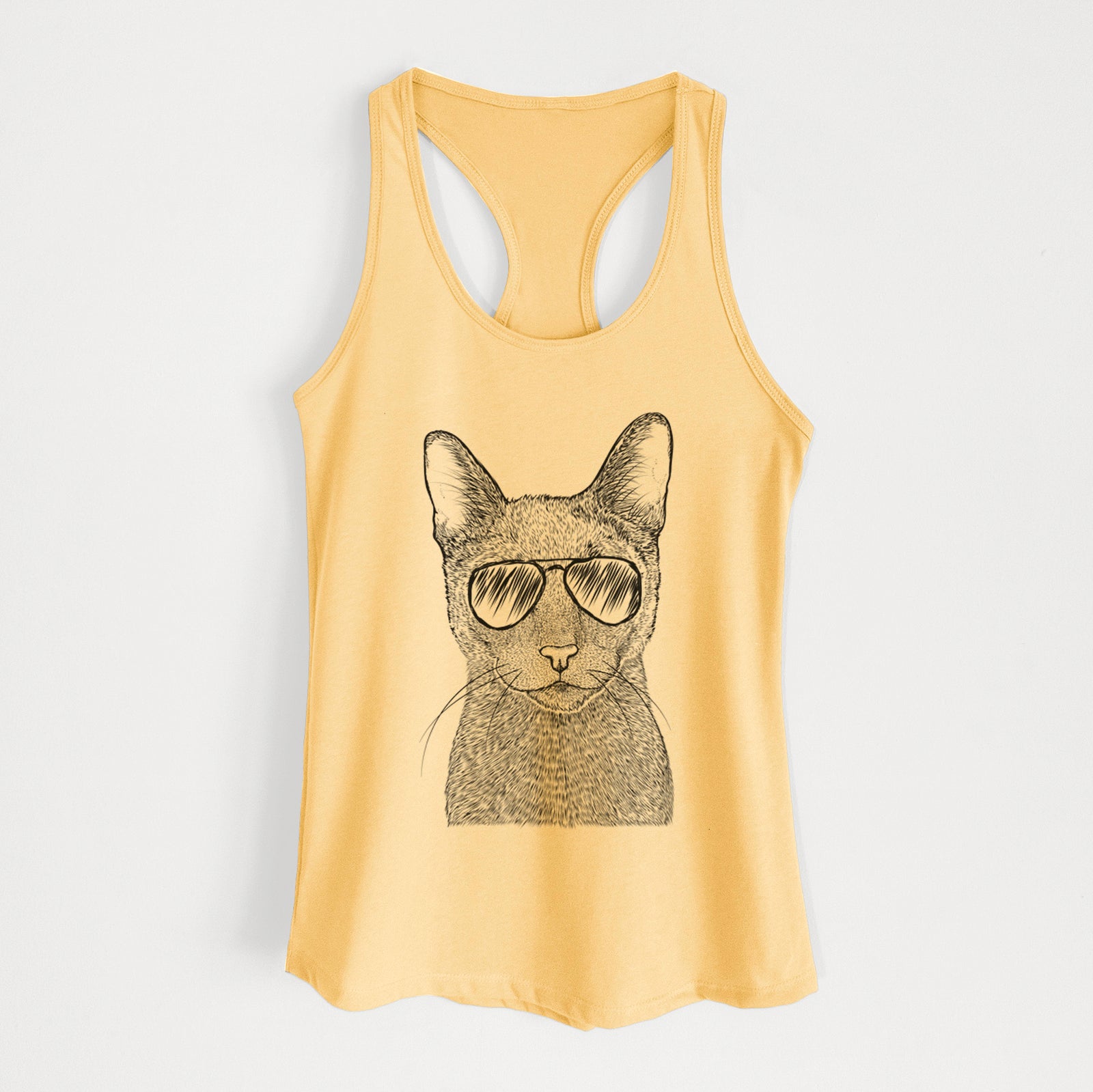 Hand-drawn sketch of Stanley the Russian Blue Cat wearing aviator sunglasses on a Banana Cream Women's racerback tanktop