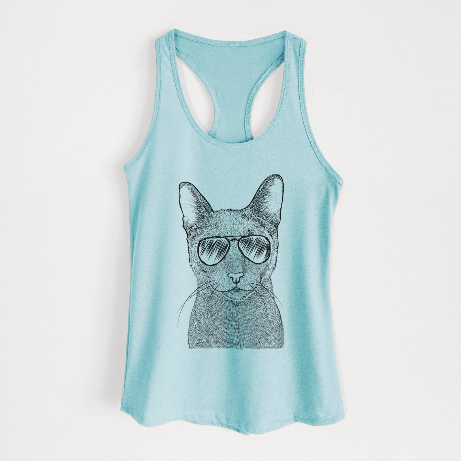 Hand-drawn sketch of Stanley the Russian Blue Cat wearing aviator sunglasses on a Cancun Blue Women's racerback tanktop
