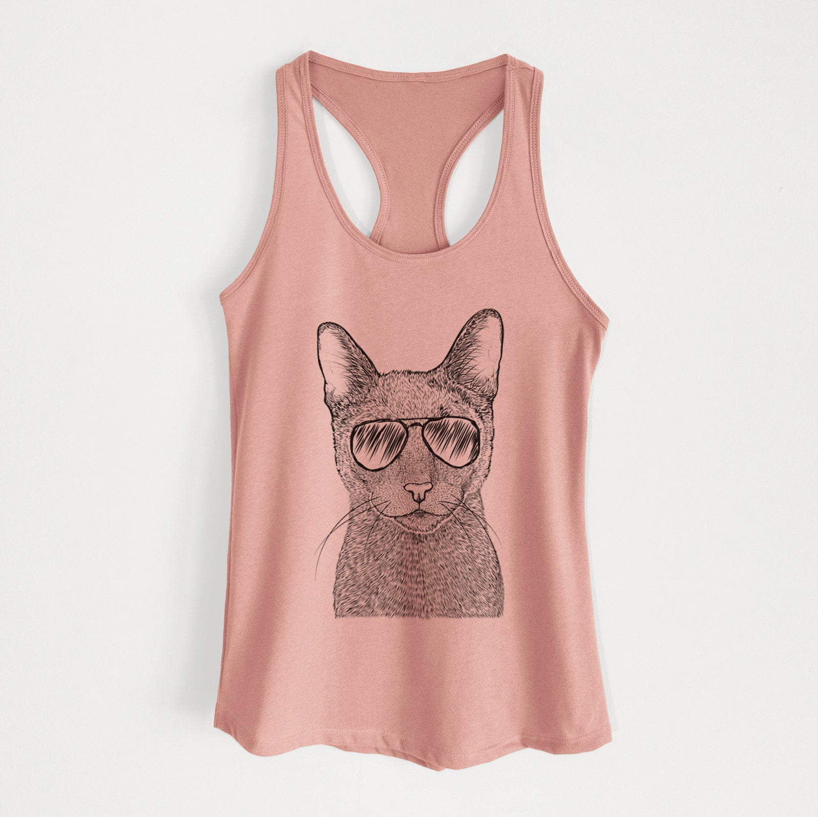 Hand-drawn sketch of Stanley the Russian Blue Cat wearing aviator sunglasses on a Desert Pink Women's racerback tanktop