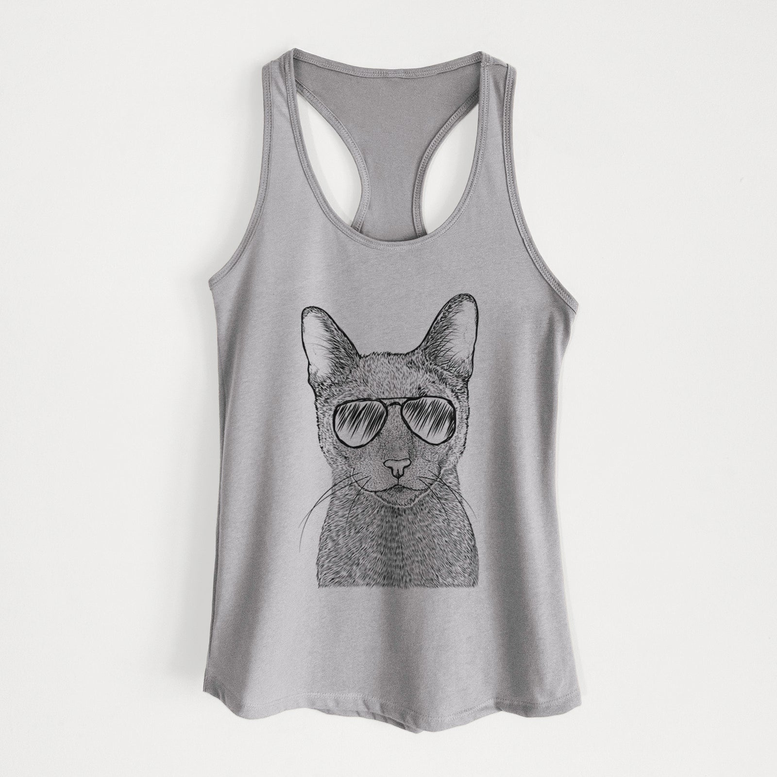 Hand-drawn sketch of Stanley the Russian Blue Cat wearing aviator sunglasses on a Heather Grey Women's racerback tanktop