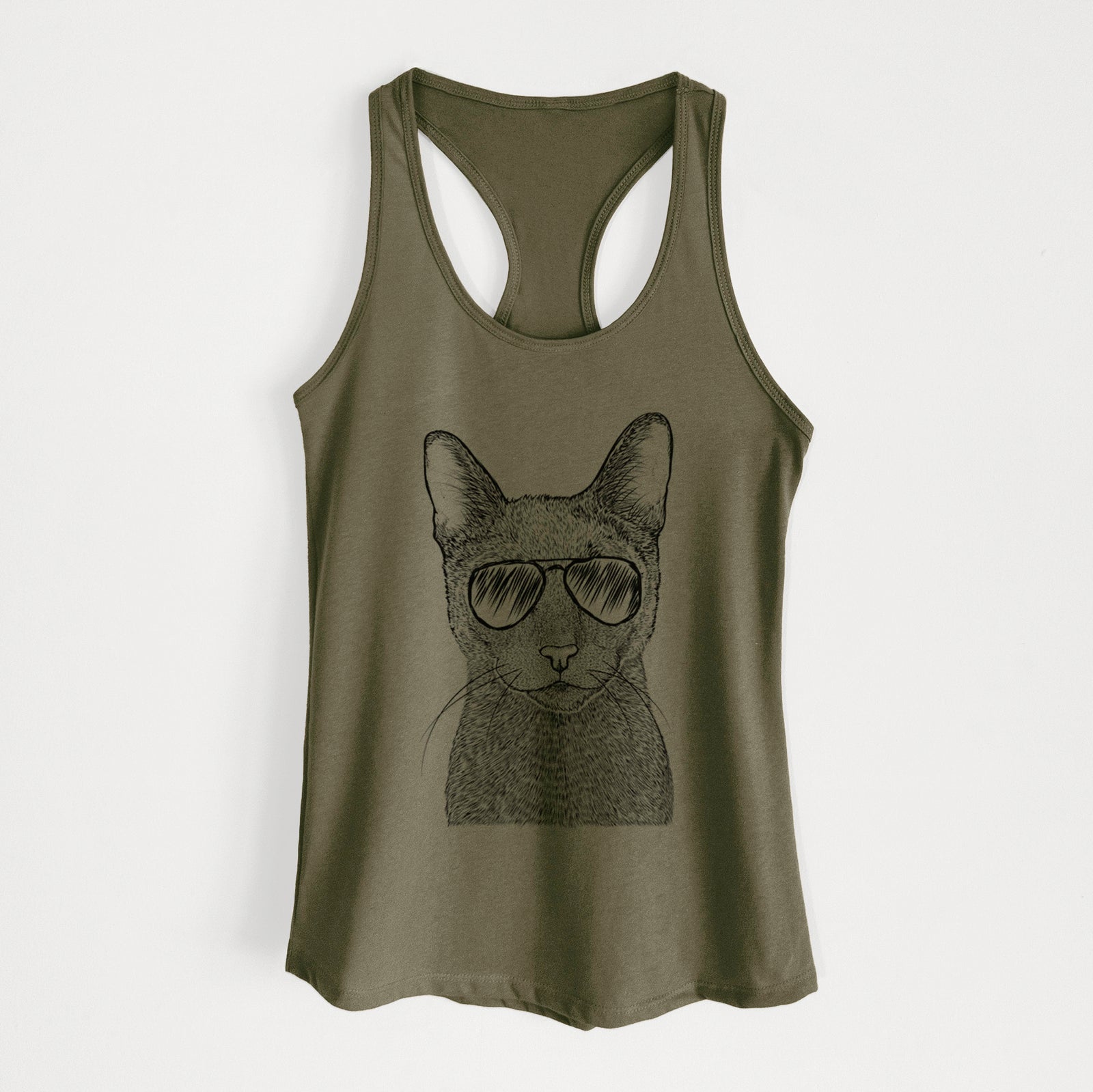 Hand-drawn sketch of Stanley the Russian Blue Cat wearing aviator sunglasses on a Military Green Women's racerback tanktop