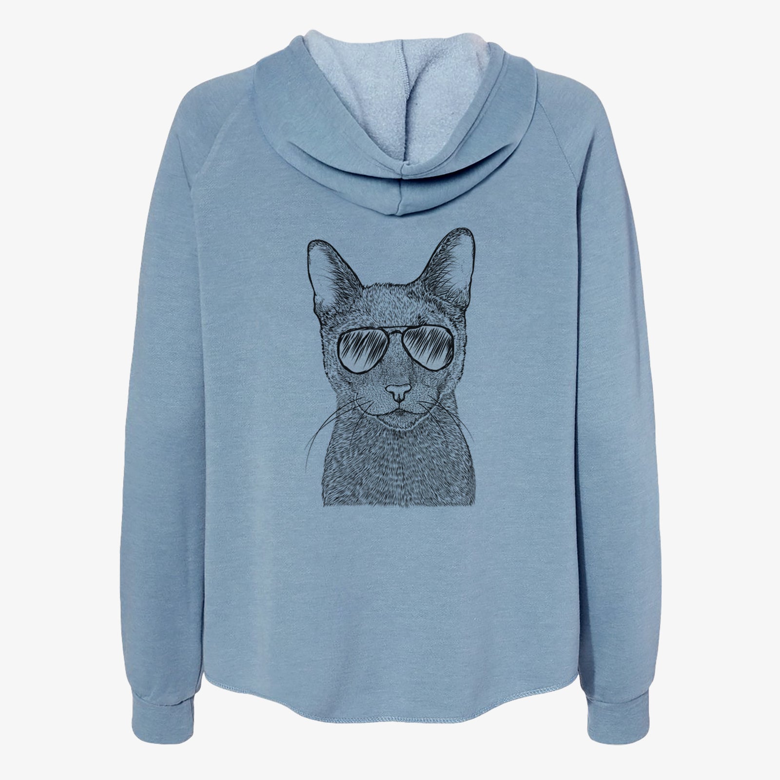 Hand-drawn sketch of Stanley the Russian Blue Cat wearing aviator sunglasses on a Misty Blue Women's cali wave zip-up sweatshirt