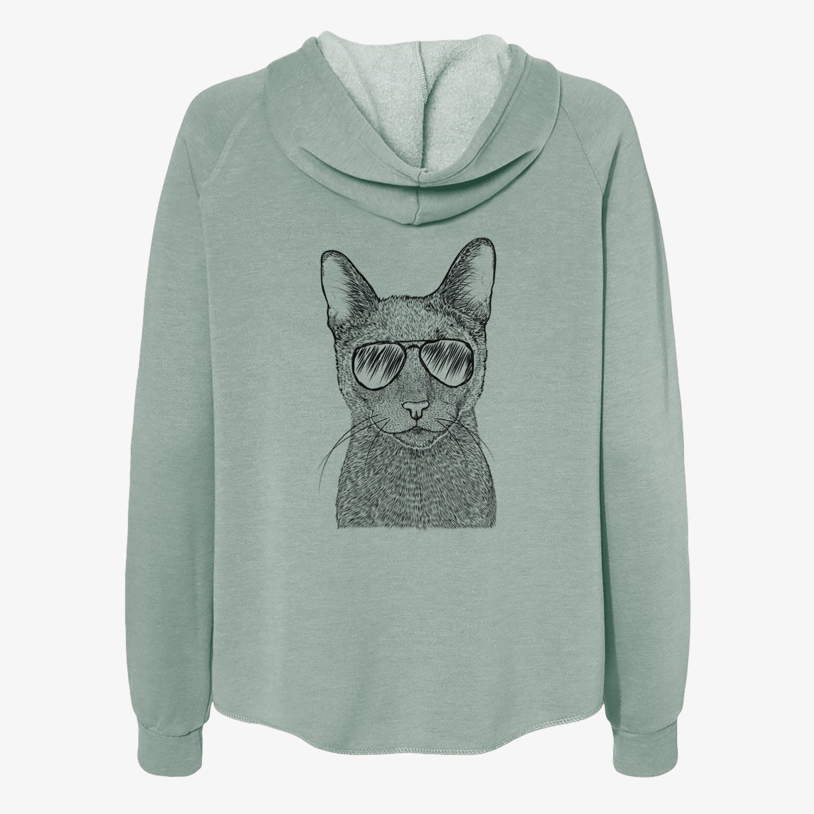 Hand-drawn sketch of Stanley the Russian Blue Cat wearing aviator sunglasses on a Sage Women's cali wave zip-up sweatshirt