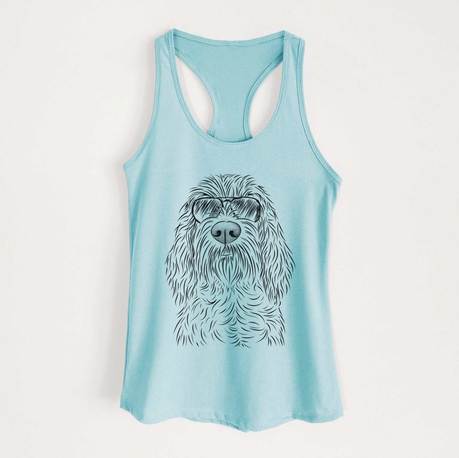 Hand-drawn sketch of Stefano the Spinone Italiano wearing aviator sunglasses on a Cancun Blue Women's racerback tanktop