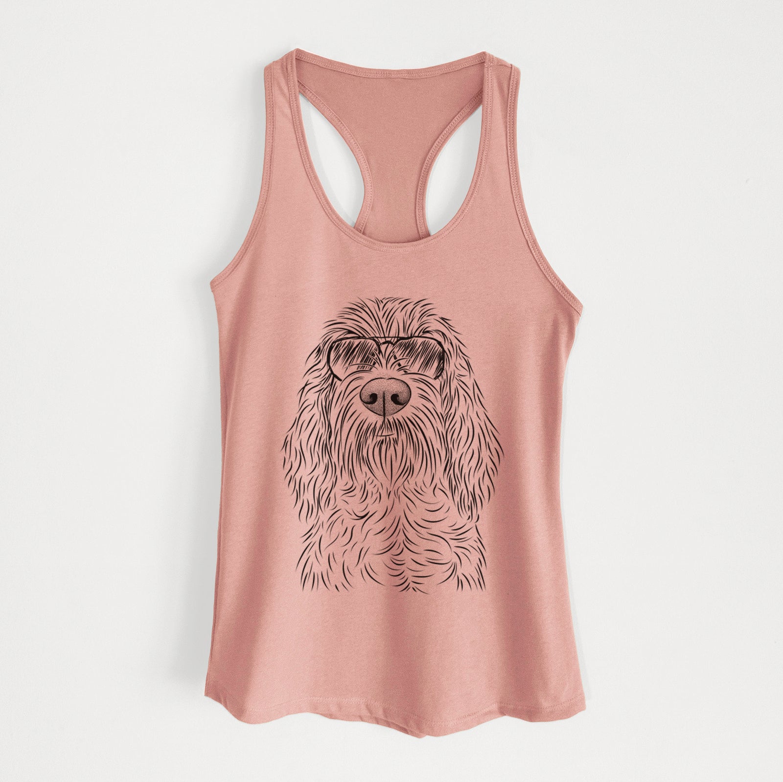 Hand-drawn sketch of Stefano the Spinone Italiano wearing aviator sunglasses on a Desert Pink Women's racerback tanktop