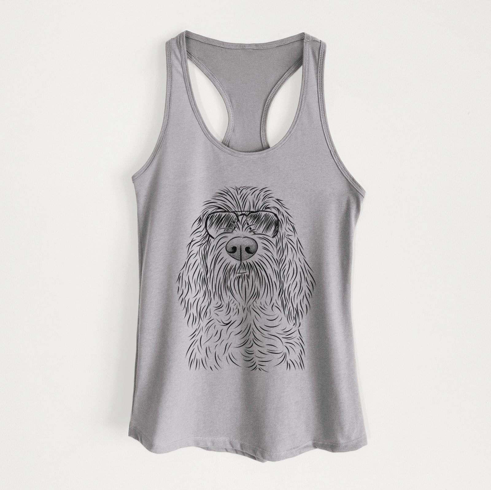 Hand-drawn sketch of Stefano the Spinone Italiano wearing aviator sunglasses on a Heather Grey Women's racerback tanktop