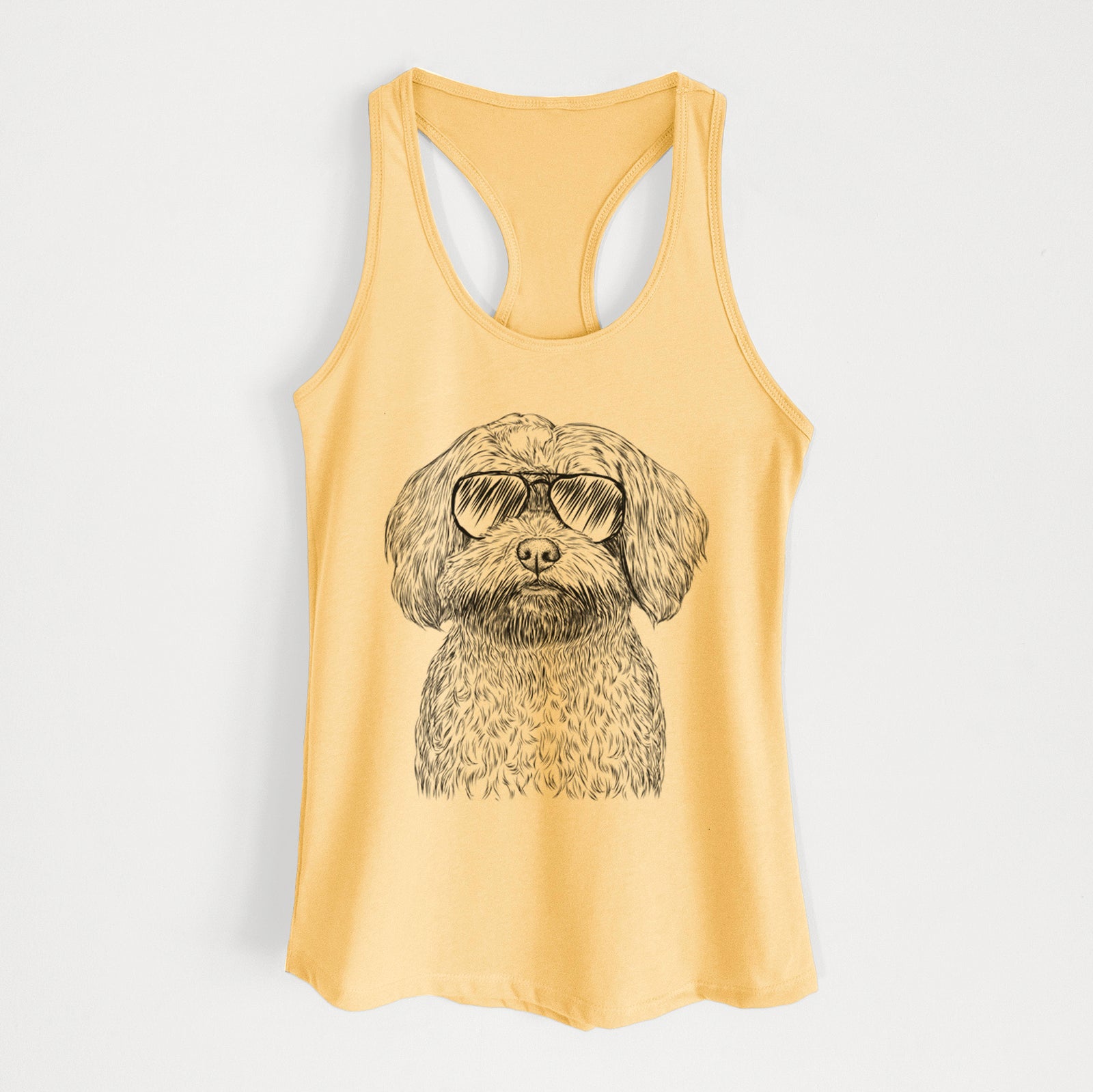 Hand-drawn sketch of Stella the Shih Tzu Mix wearing aviator sunglasses on a Banana Cream Women's racerback tanktop