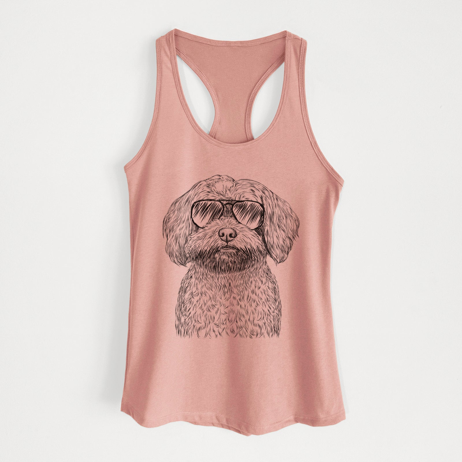 Hand-drawn sketch of Stella the Shih Tzu Mix wearing aviator sunglasses on a Desert Pink Women's racerback tanktop