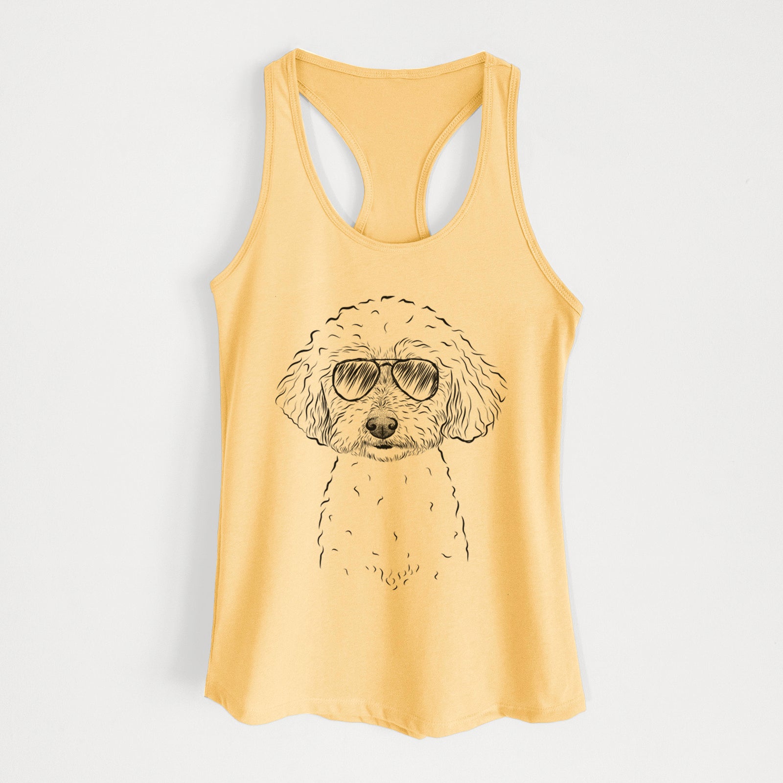 Hand-drawn sketch of Stitch the Bichonpoo wearing aviator sunglasses on a Banana Cream Women's racerback tanktop