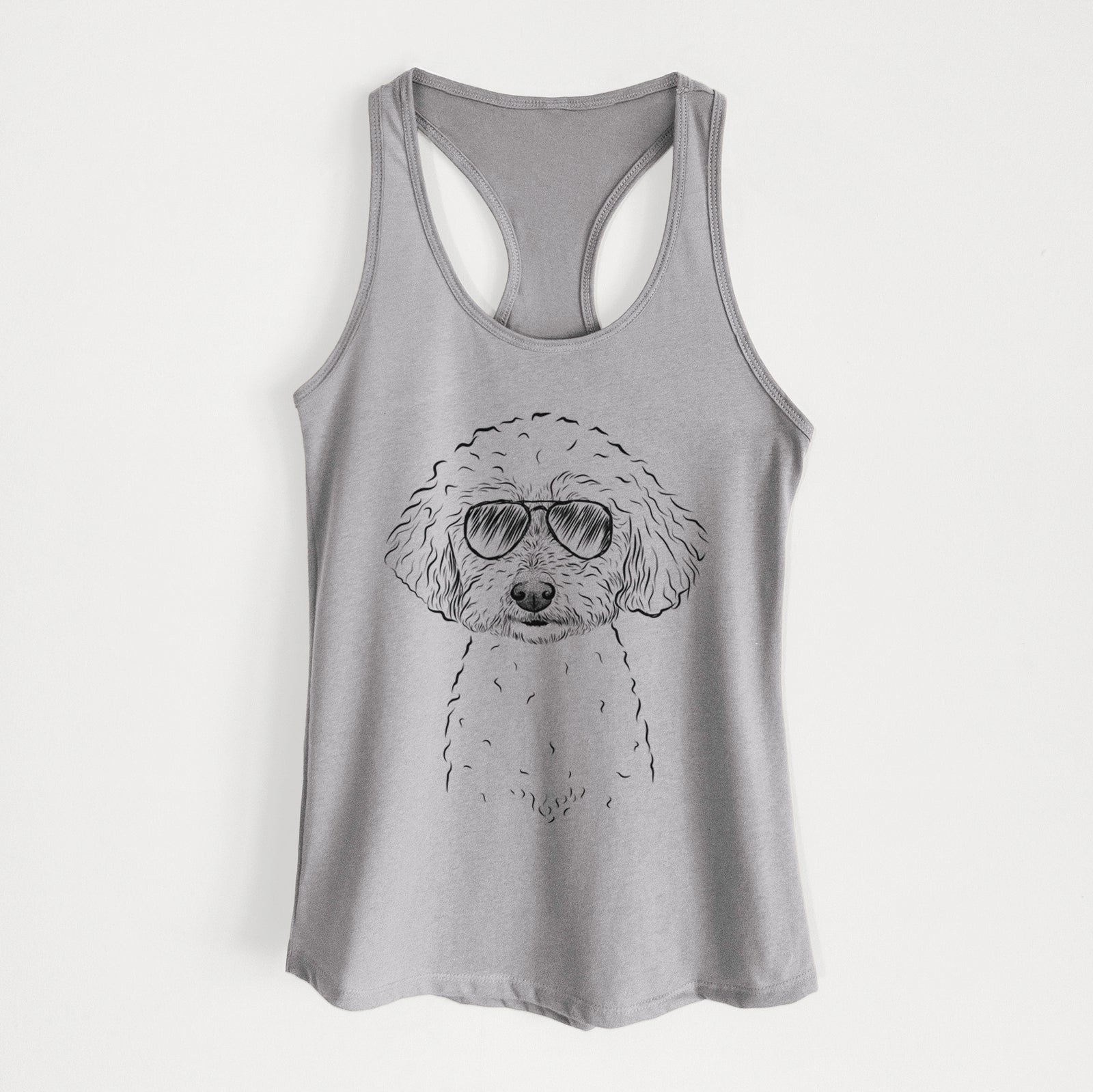 Hand-drawn sketch of Stitch the Bichonpoo wearing aviator sunglasses on a Heather Grey Women's racerback tanktop
