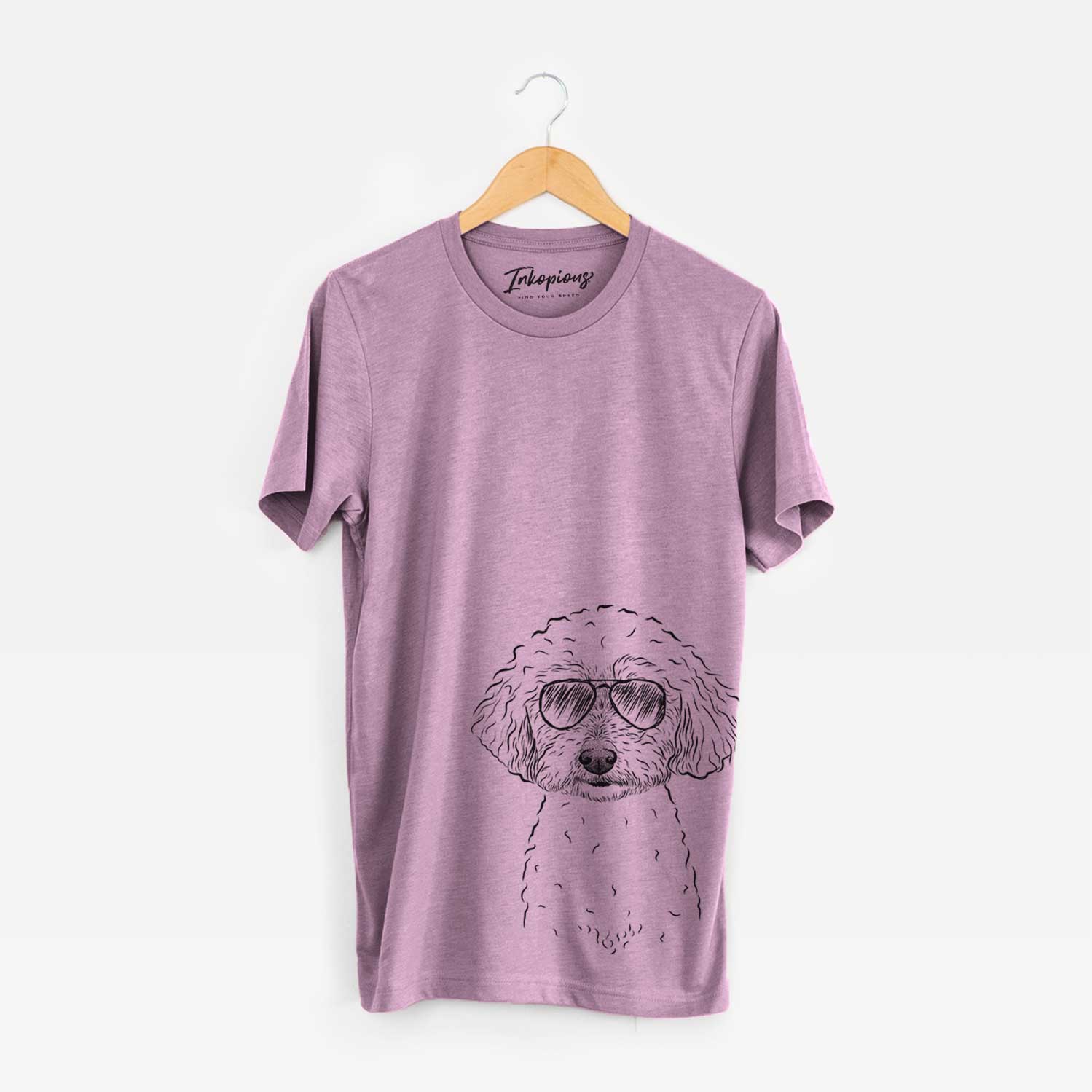 Hand-drawn sketch of Stitch the Bichonpoo wearing aviator sunglasses on an Orchid Bella Canvas Unisex Crewneck