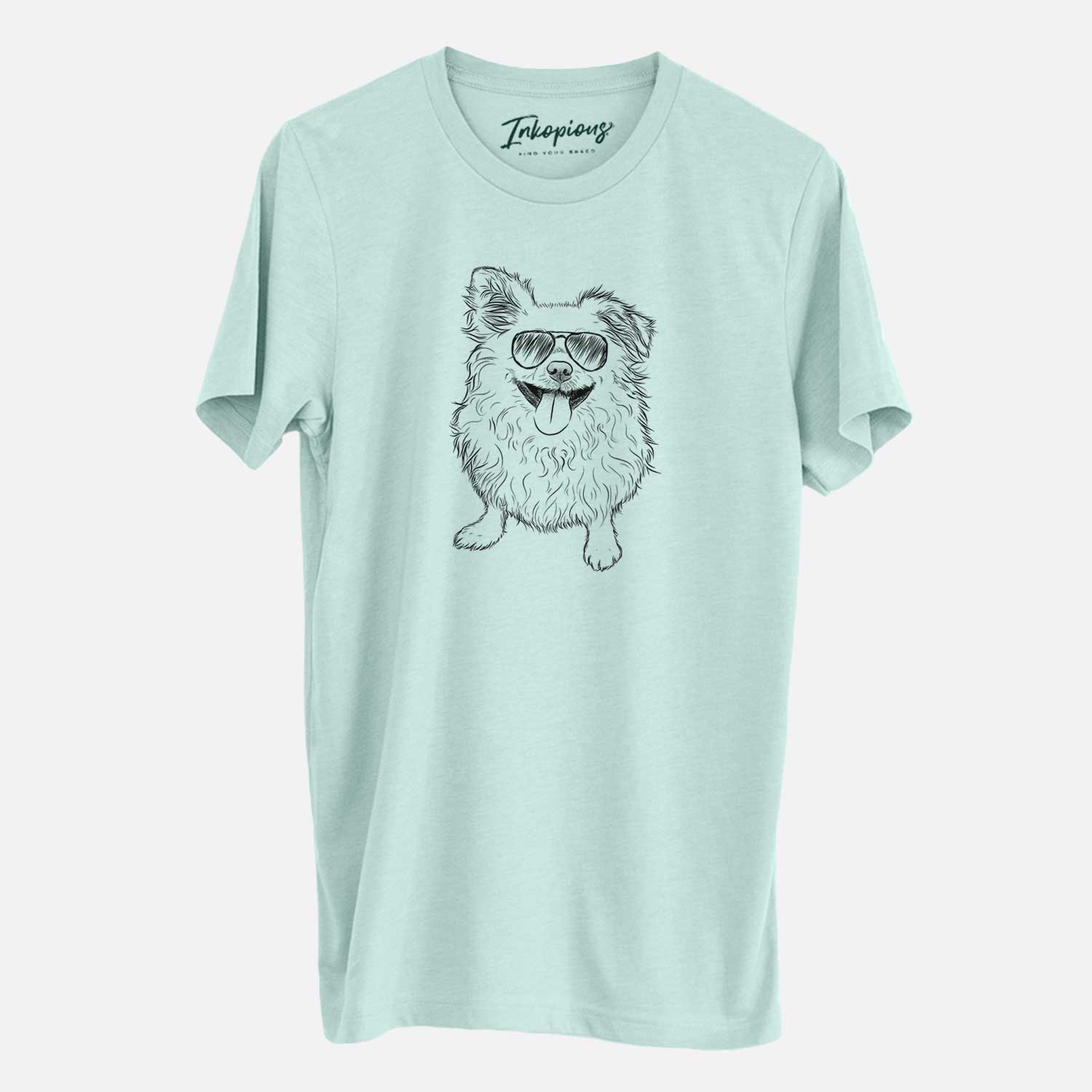 Hand-drawn sketch of Stuart the Longhaired Chihuahua wearing aviator sunglasses on a Heather Sage Unisex crewneck