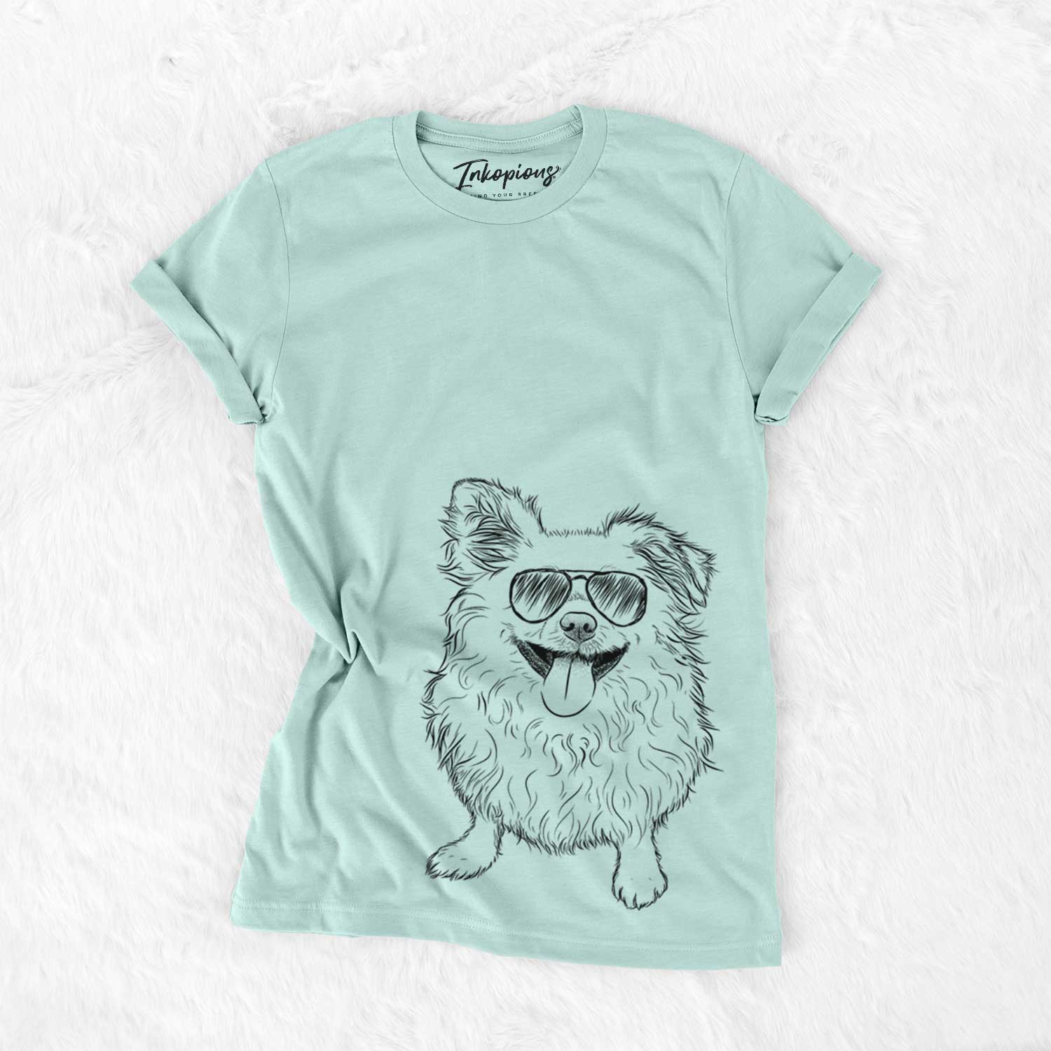 Hand-drawn sketch of Stuart the Longhaired Chihuahua wearing aviator sunglasses on a Heather Sage Unisex crewneck