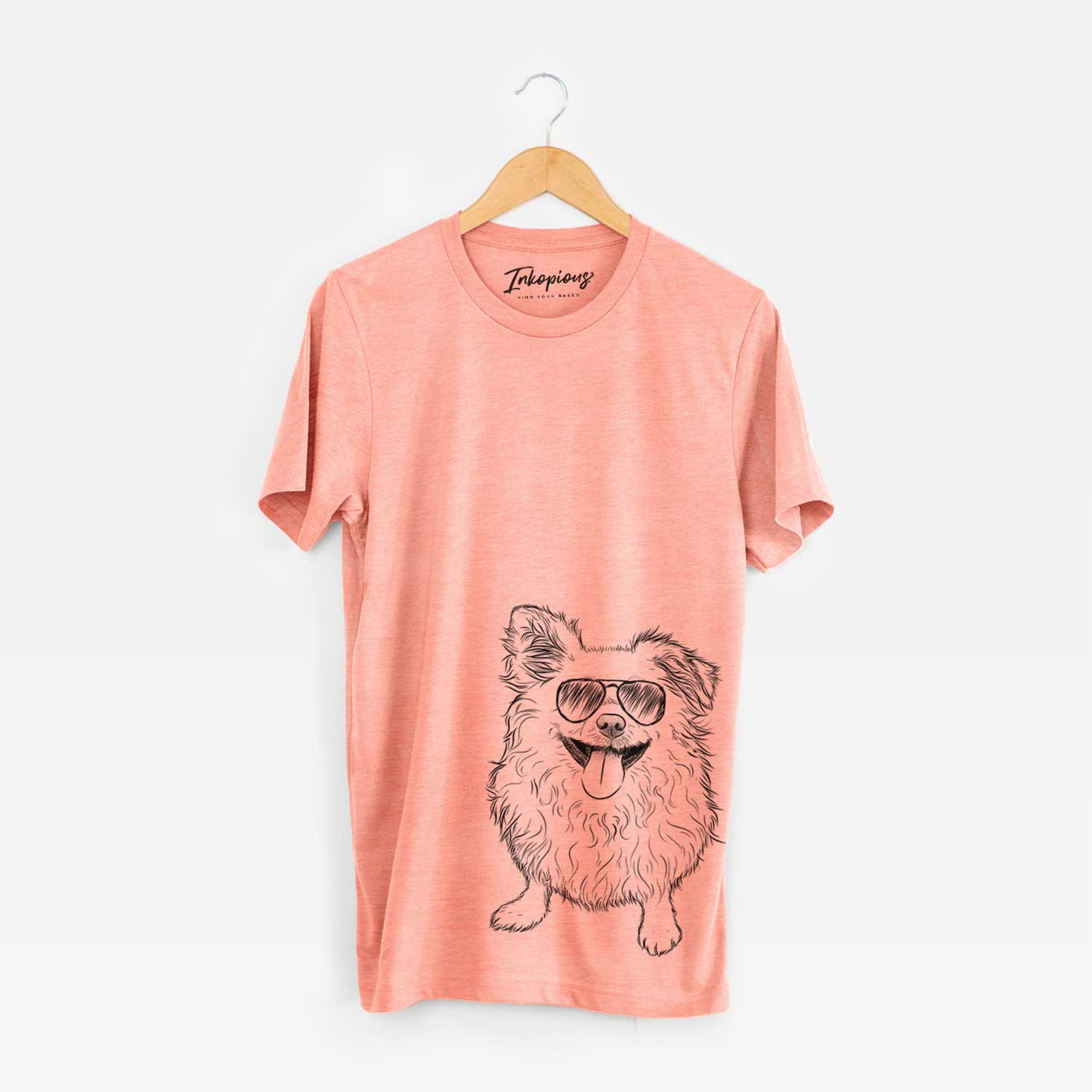 Hand-drawn sketch of Stuart the Longhaired Chihuahua wearing aviator sunglasses on a Sunset Unisex crewneck