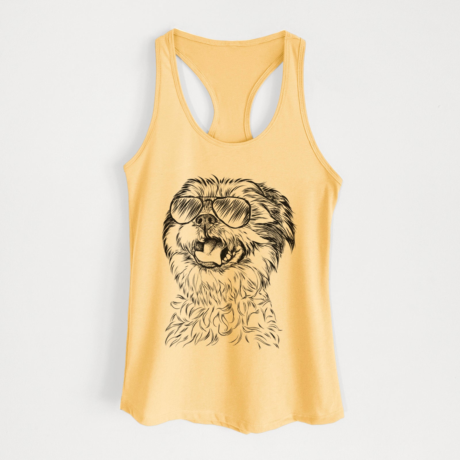 Hand-drawn sketch of Sugar the Malshi wearing aviator sunglasses on a Banana Cream Women's racerback tanktop