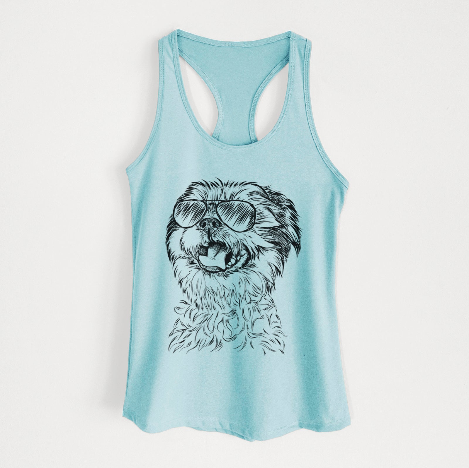 Hand-drawn sketch of Sugar the Malshi wearing aviator sunglasses on a Cancun Blue Women's racerback tanktop