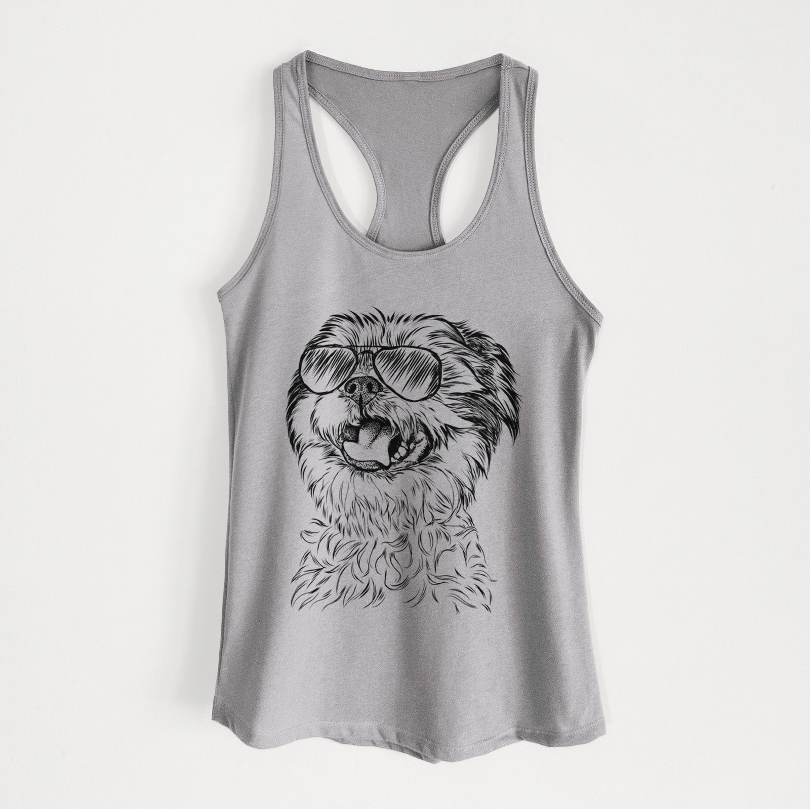 Hand-drawn sketch of Sugar the Malshi wearing aviator sunglasses on a Heather Grey Women's racerback tanktop