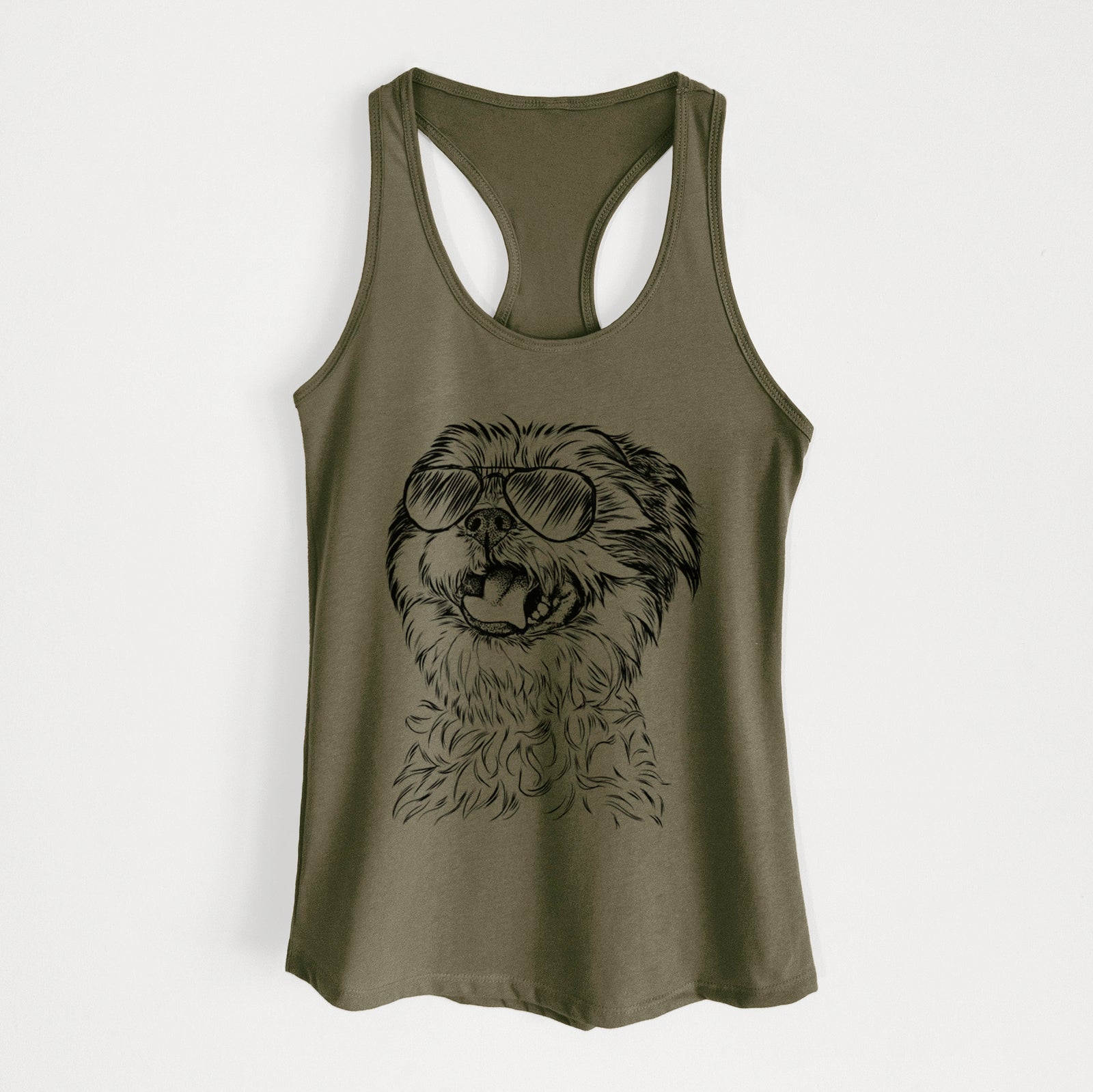 Hand-drawn sketch of Sugar the Malshi wearing aviator sunglasses on a Military Green Women's racerback tanktop