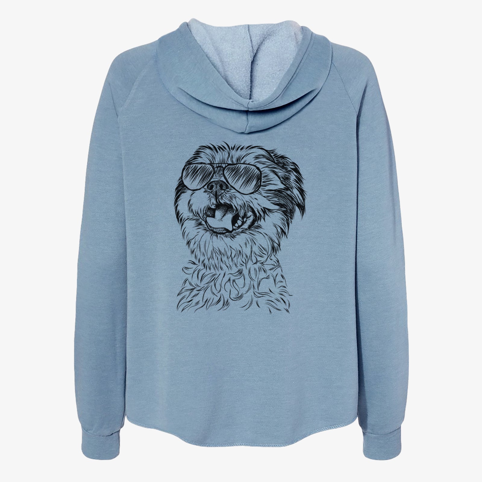 Hand-drawn sketch of Sugar the Malshi wearing aviator sunglasses on a Misty Blue Women's cali wave zip-up sweatshirt
