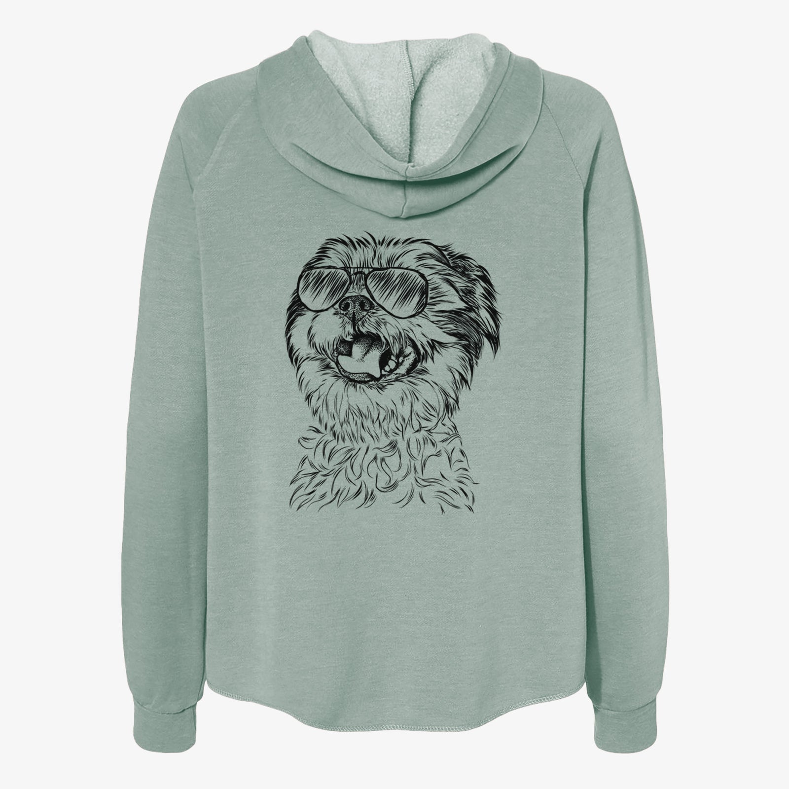 Hand-drawn sketch of Sugar the Malshi wearing aviator sunglasses on a Sage Women's cali wave zip-up sweatshirt