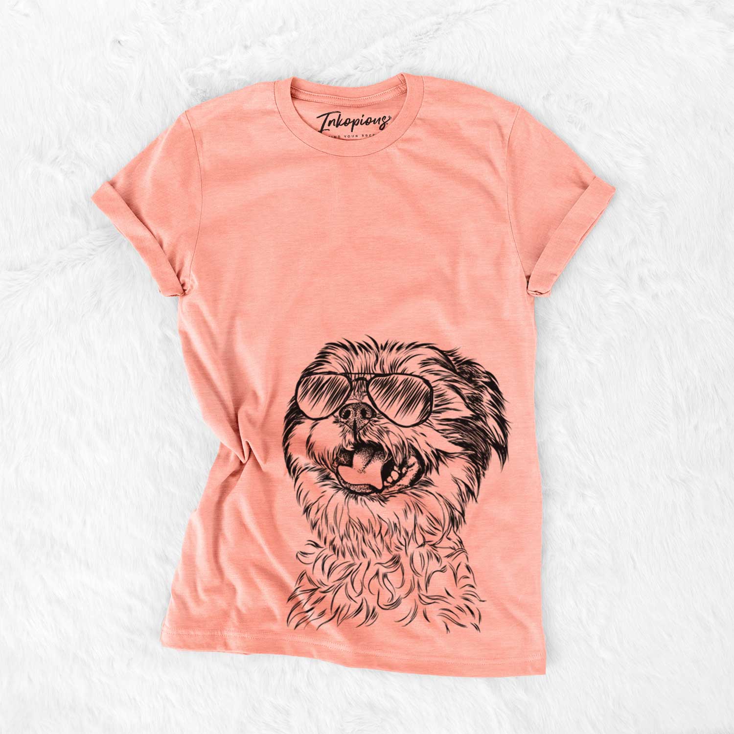 Hand-drawn sketch of Sugar the Malshi wearing aviator sunglasses on a Sunset Bella Canvas Unisex Crewneck