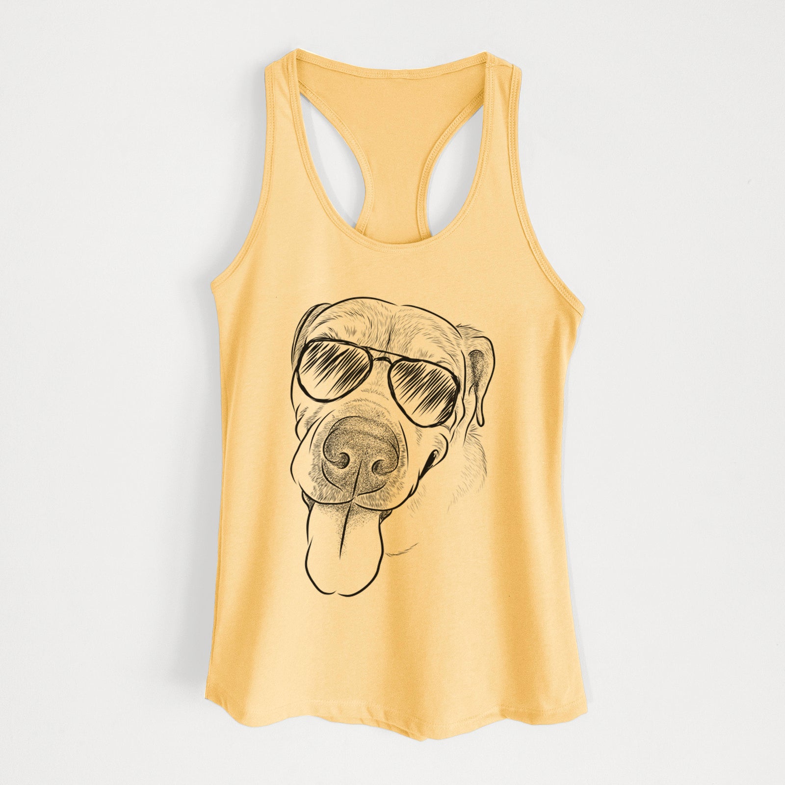 Hand-drawn sketch of Sugar the Staffordshire Terrier Mix wearing aviator sunglasses on a Banana Cream Women's racerback tanktop
