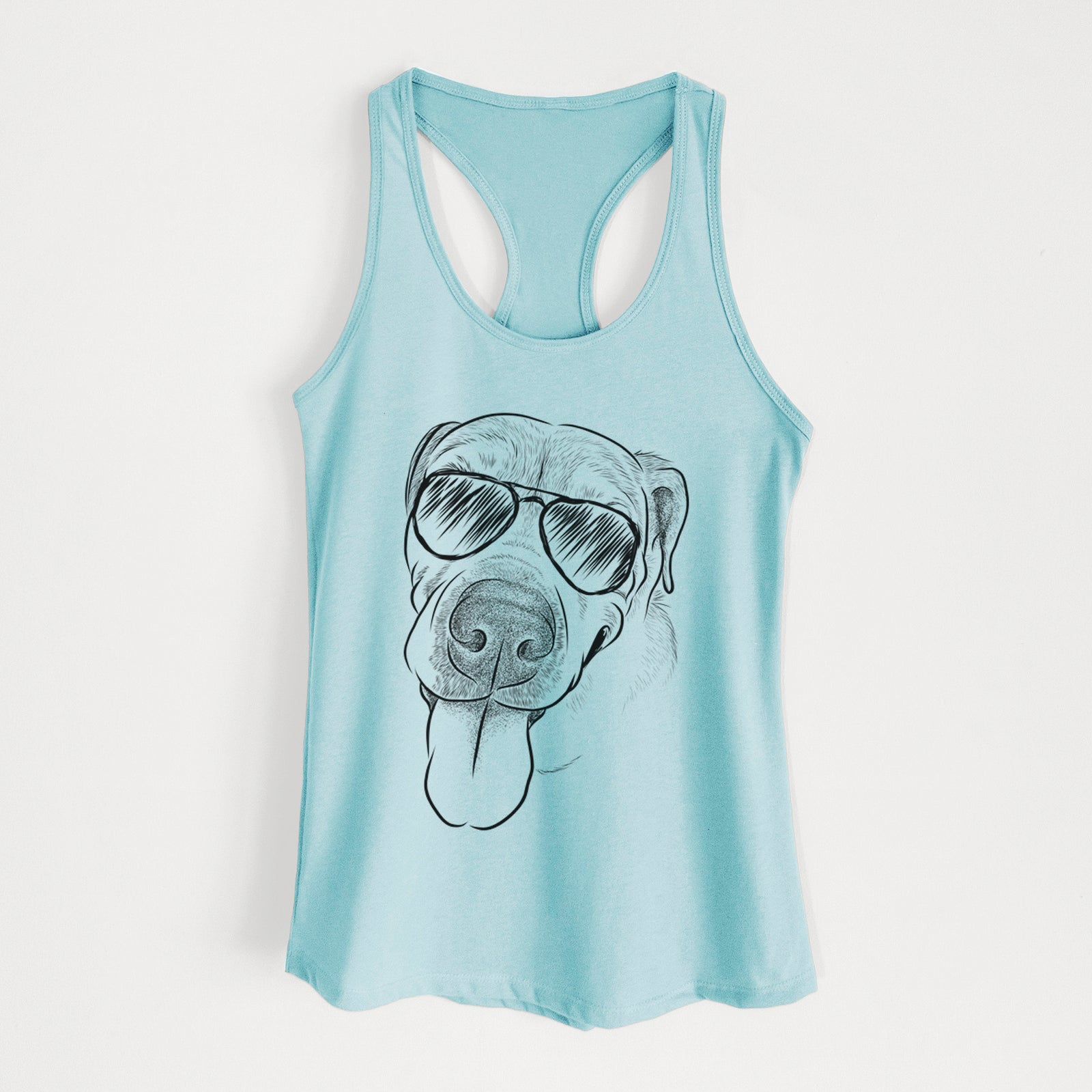 Hand-drawn sketch of Sugar the Staffordshire Terrier Mix wearing aviator sunglasses on a Cancun Blue Women's racerback tanktop