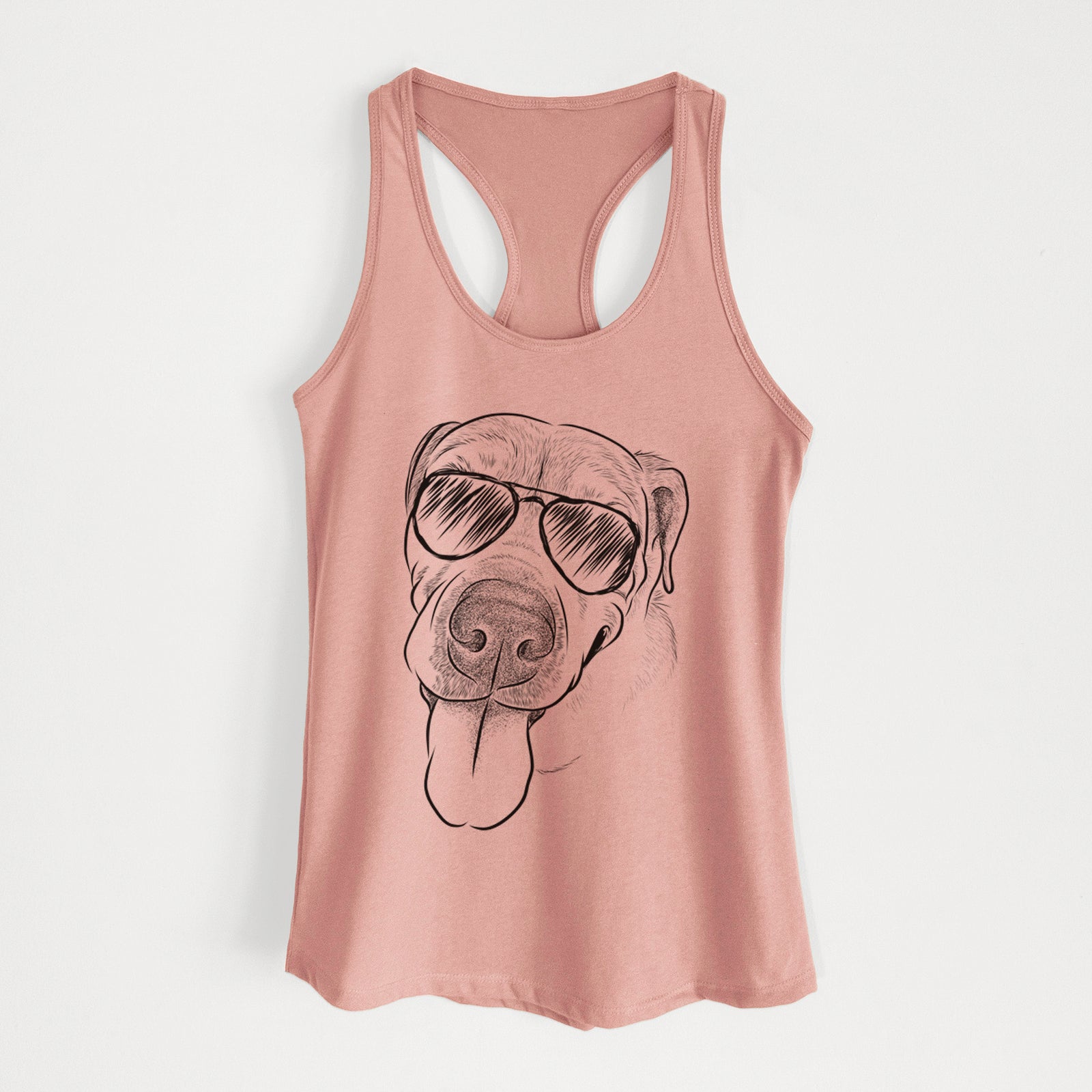 Hand-drawn sketch of Sugar the Staffordshire Terrier Mix wearing aviator sunglasses on a Desert Pink Women's racerback tanktop