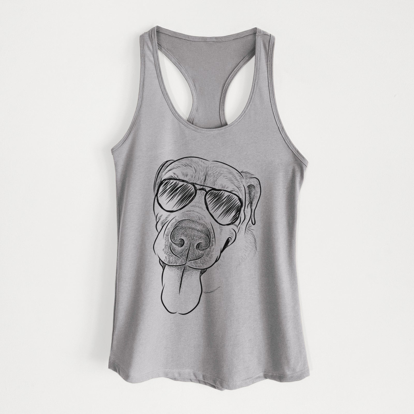 Hand-drawn sketch of Sugar the Staffordshire Terrier Mix wearing aviator sunglasses on a Heather Grey Women's racerback tanktop