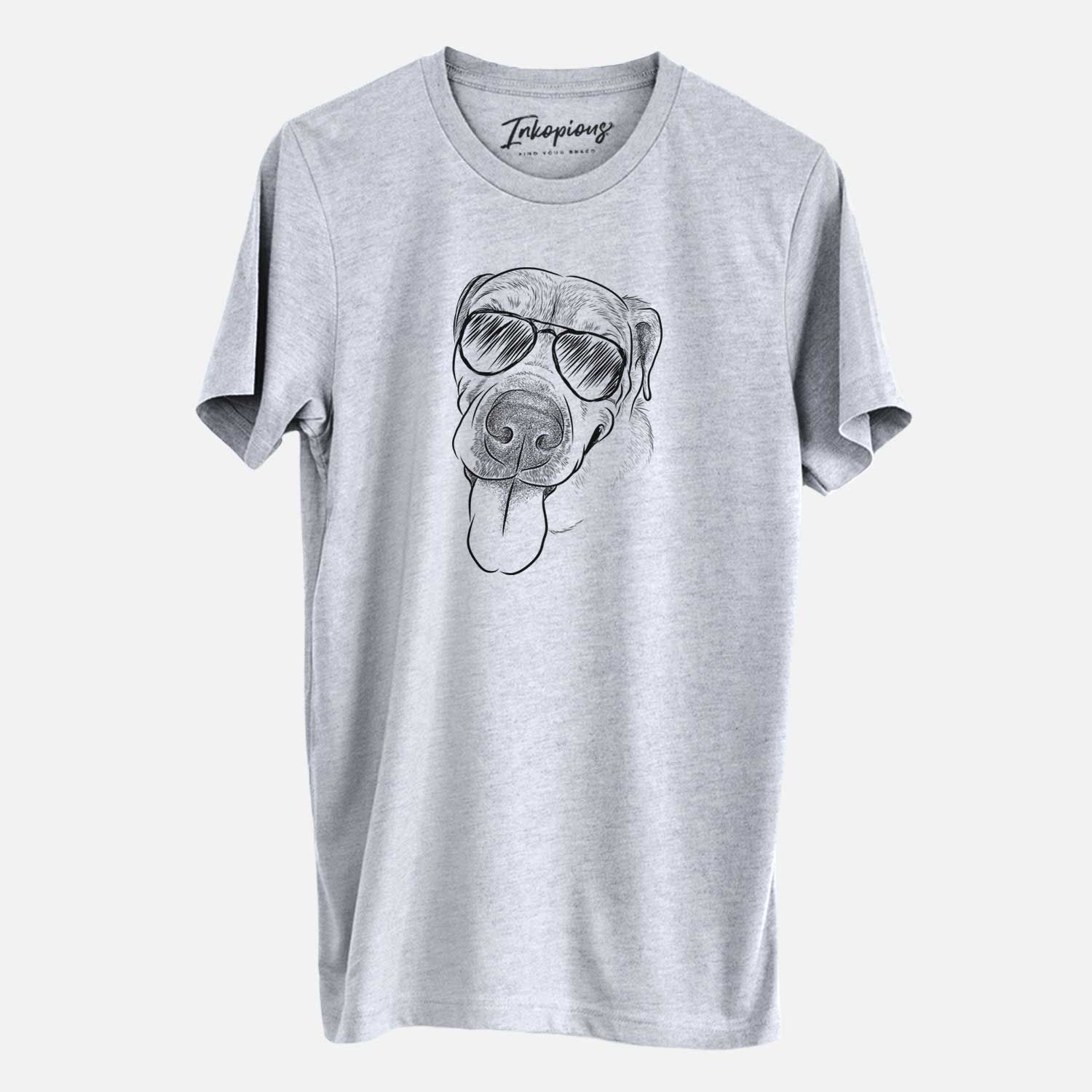 Hand-drawn sketch of Sugar the Staffordshire Terrier Mix wearing aviator sunglasses on a Grey Unisex crewneck