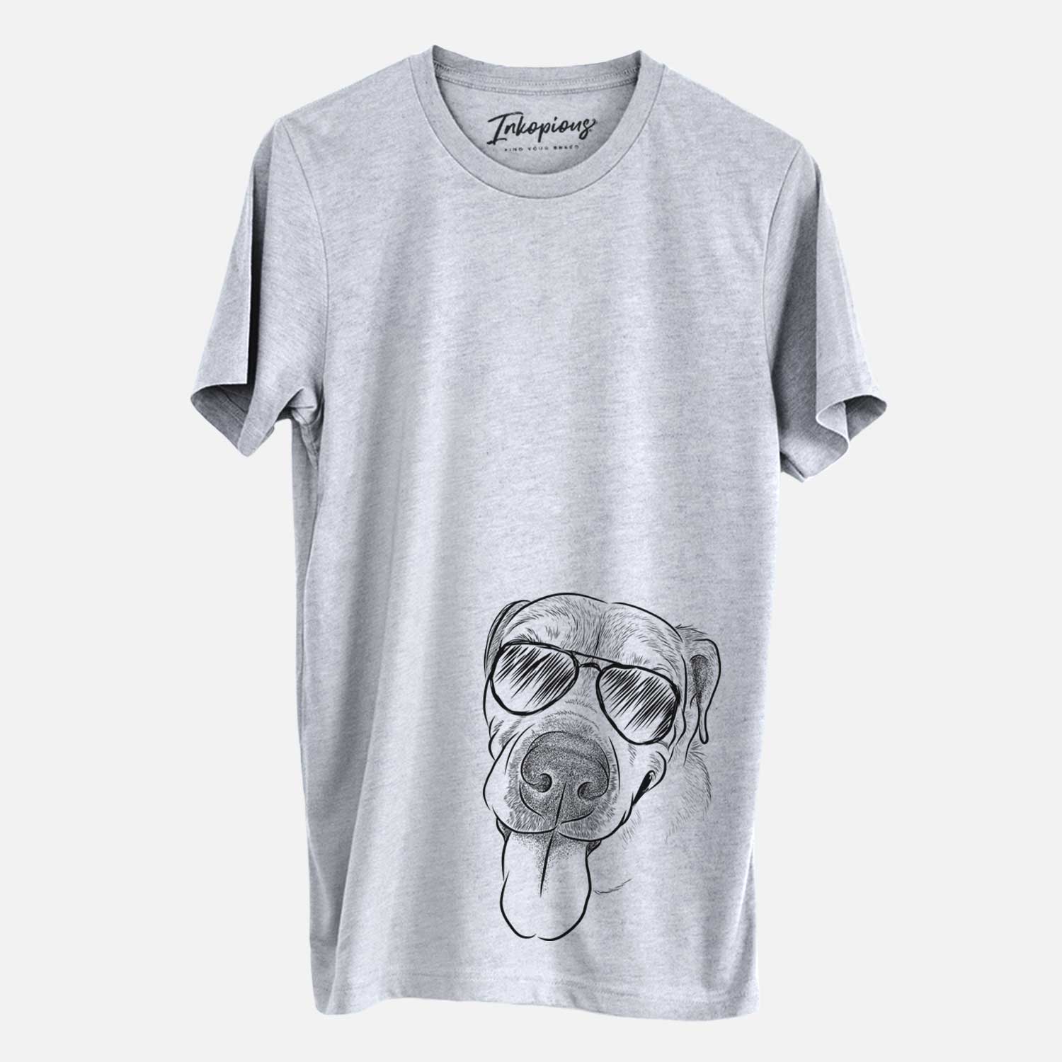 Hand-drawn sketch of Sugar the Staffordshire Terrier Mix wearing aviator sunglasses on a Grey Unisex crewneck