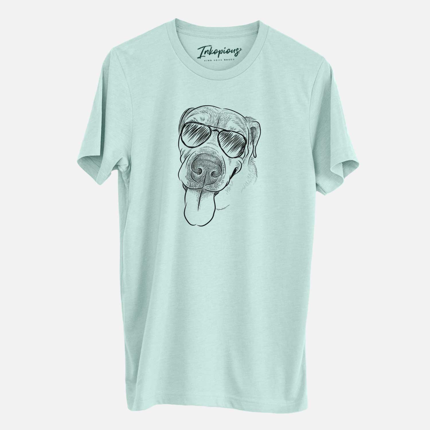 Hand-drawn sketch of Sugar the Staffordshire Terrier Mix wearing aviator sunglasses on a Heather Sage Unisex crewneck