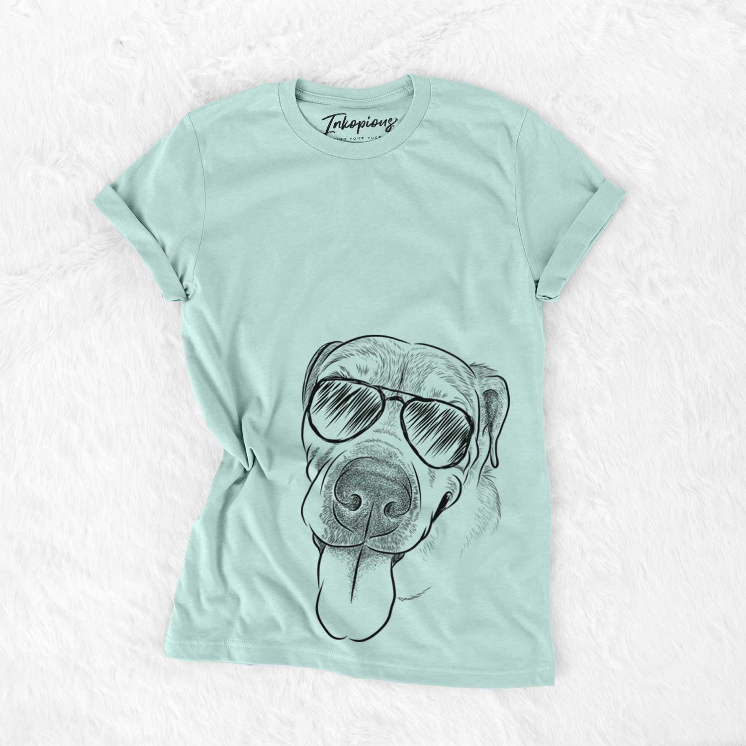Hand-drawn sketch of Sugar the Staffordshire Terrier Mix wearing aviator sunglasses on a Heather Sage Unisex crewneck