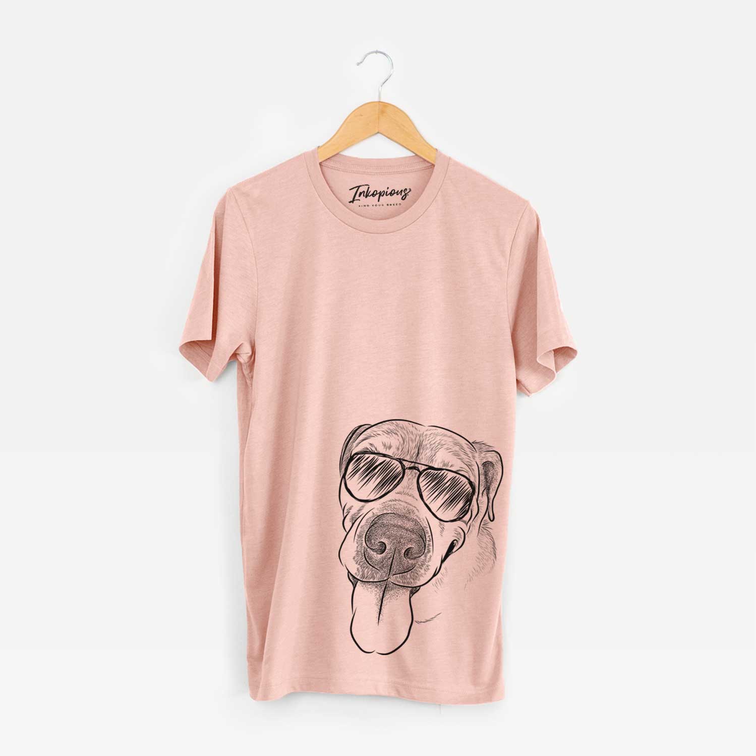 Hand-drawn sketch of Sugar the Staffordshire Terrier Mix wearing aviator sunglasses on a Peach Unisex crewneck