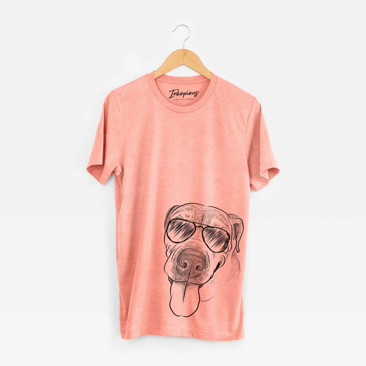 Hand-drawn sketch of Sugar the Staffordshire Terrier Mix wearing aviator sunglasses on a Sunset Unisex crewneck