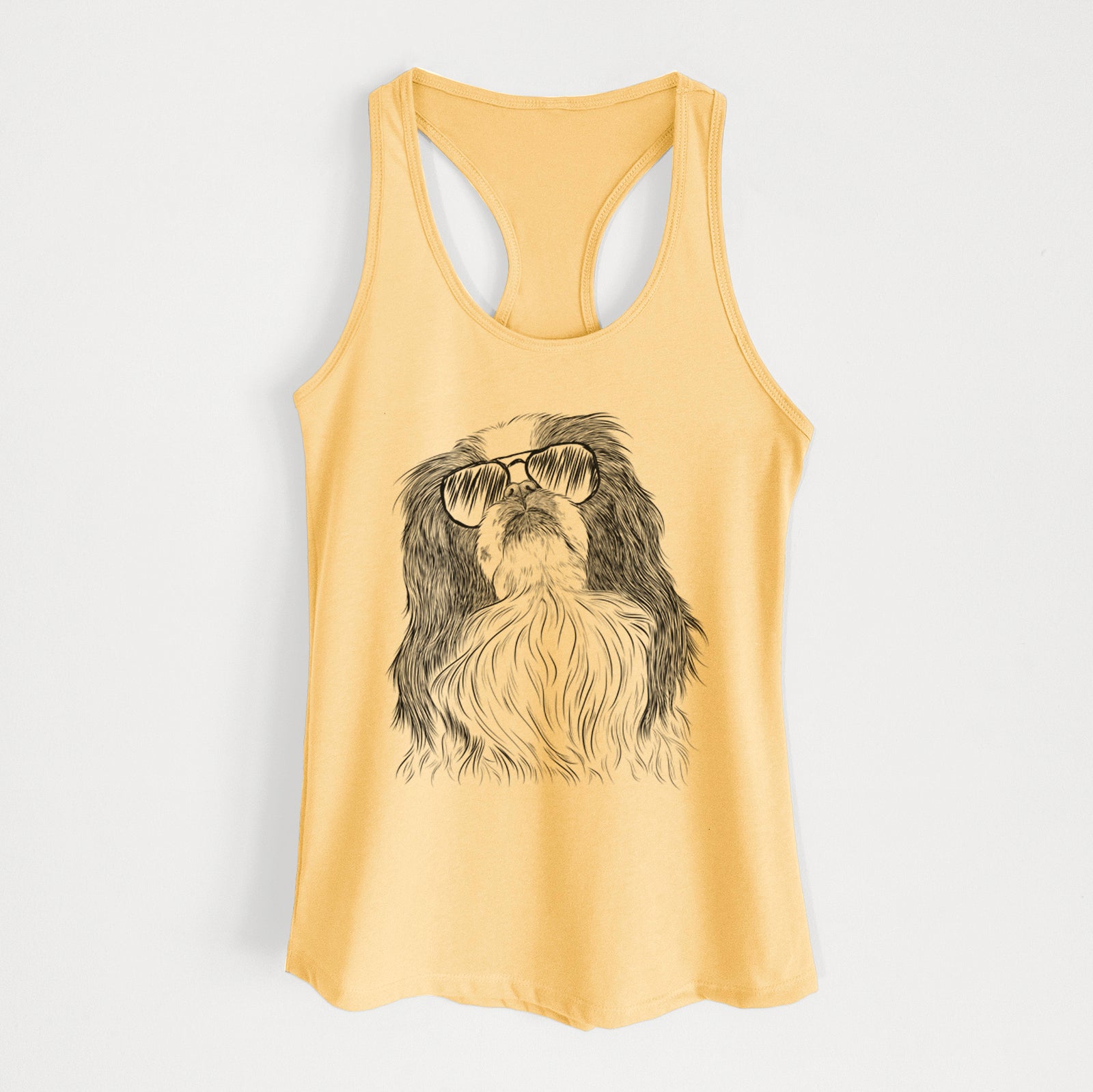 Hand-drawn sketch of Suki the Japanese Chin wearing aviator sunglasses on a Banana Cream Women's racerback tanktop