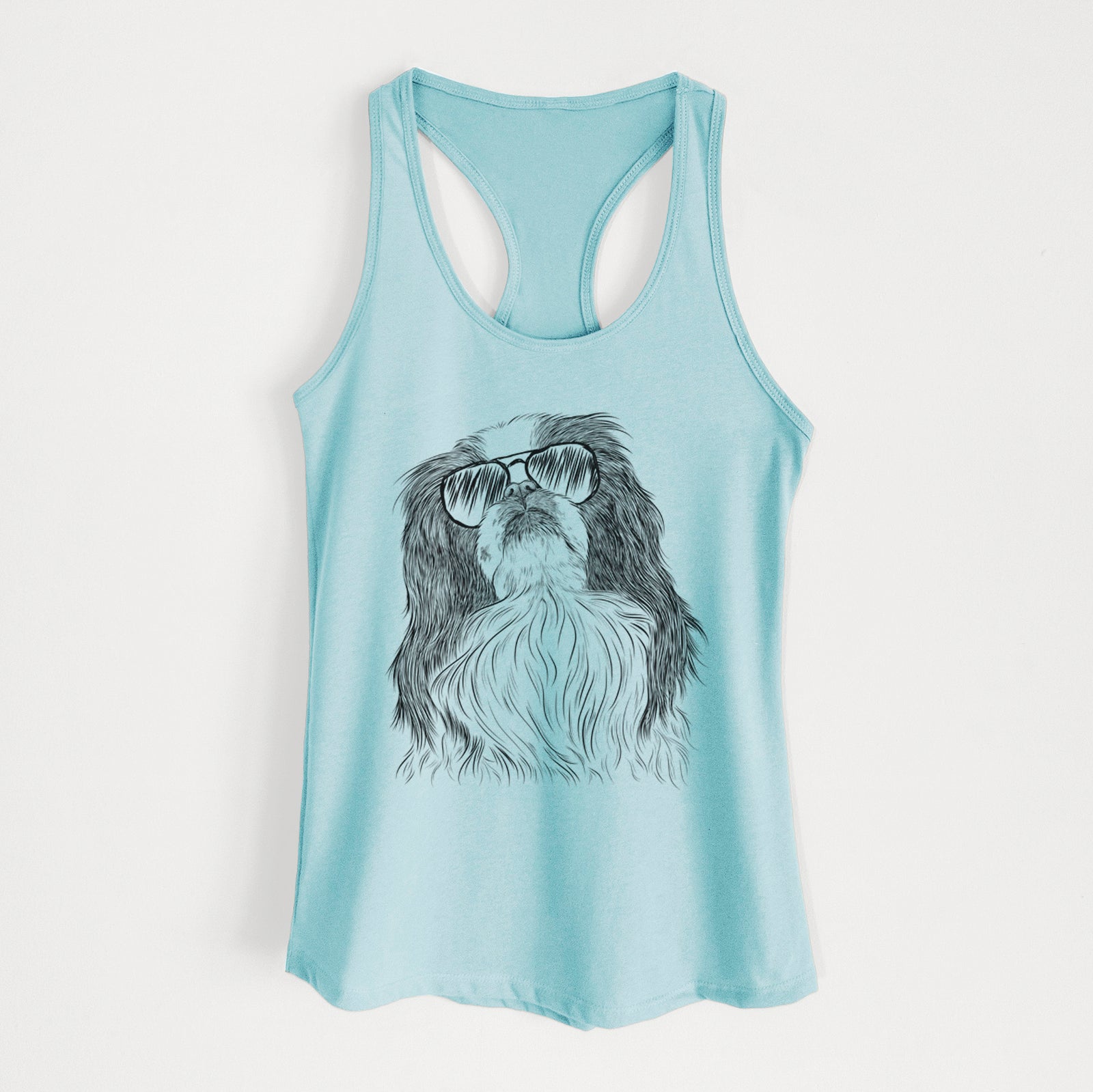 Hand-drawn sketch of Suki the Japanese Chin wearing aviator sunglasses on a Cancun Blue Women's racerback tanktop