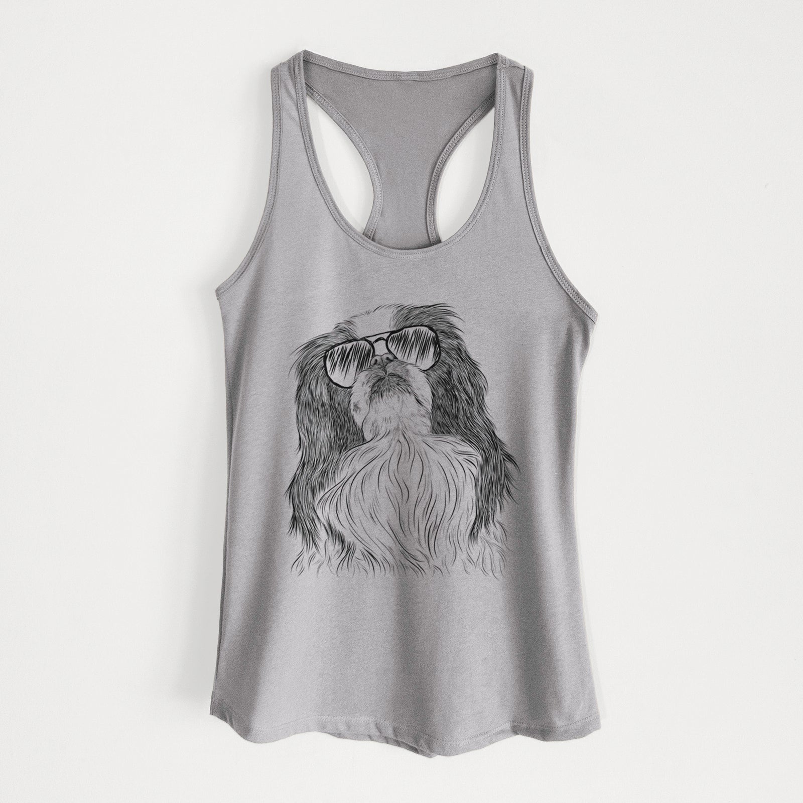 Hand-drawn sketch of Suki the Japanese Chin wearing aviator sunglasses on a Heather Grey Women's racerback tanktop