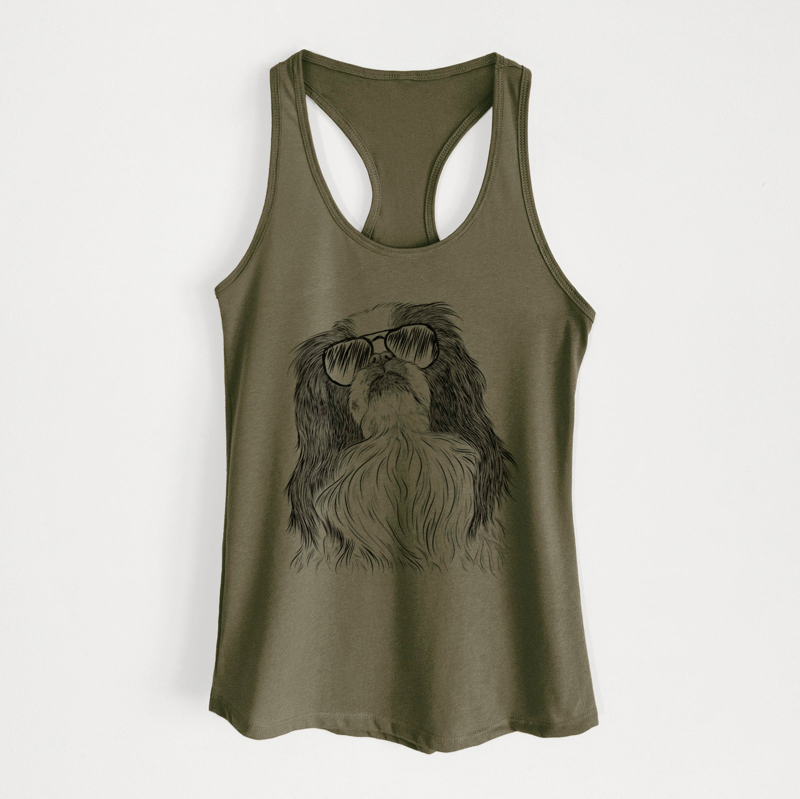 Hand-drawn sketch of Suki the Japanese Chin wearing aviator sunglasses on a Military Green Women's racerback tanktop