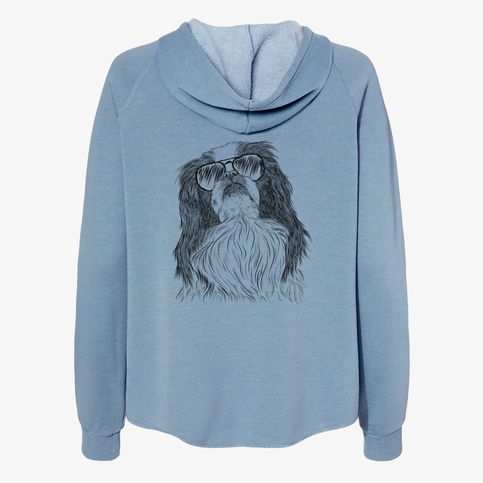 Hand-drawn sketch of Suki the Japanese Chin wearing aviator sunglasses on a Misty Blue Women's cali wave zip-up sweatshirt