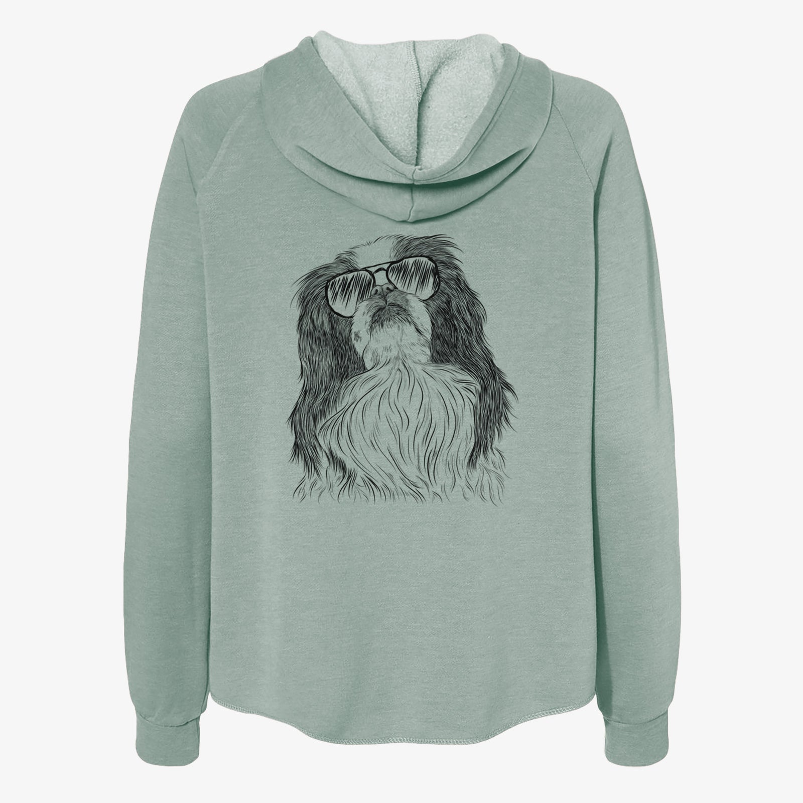 Hand-drawn sketch of Suki the Japanese Chin wearing aviator sunglasses on a Sage Women's cali wave zip-up sweatshirt
